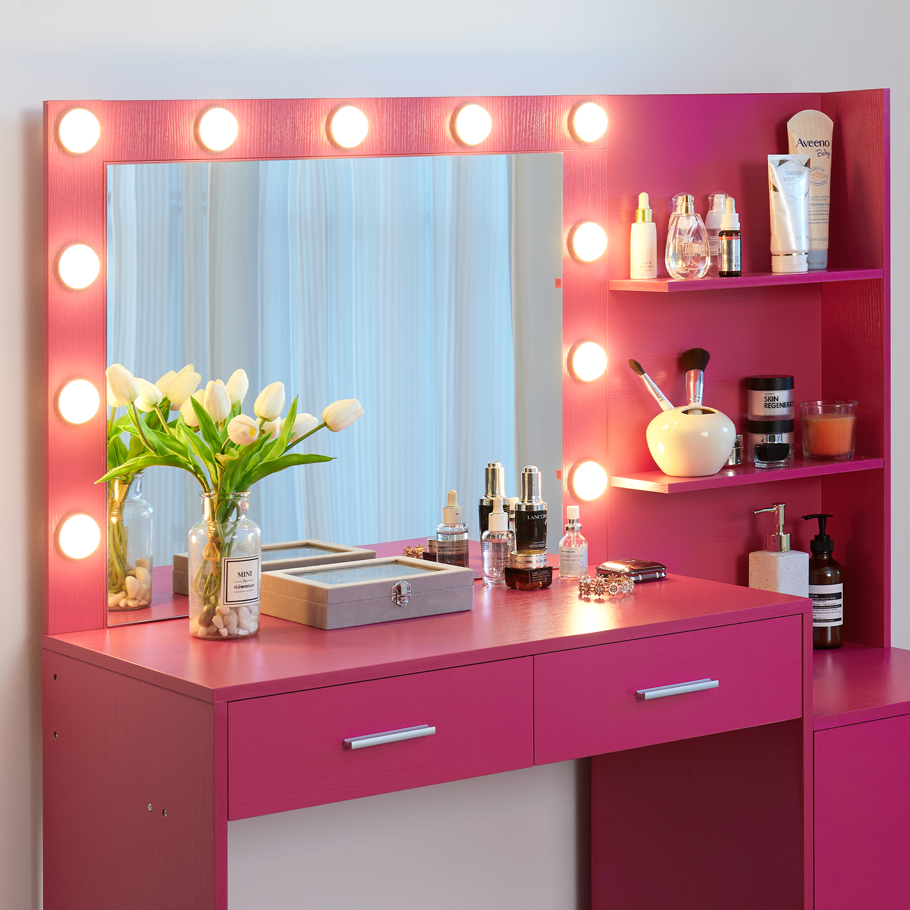 Vanity Desk with Mirror and Lights, 46.4IN Dressing Table with 2 Large Drawer&Large Vertical Organizer, 3 Level Dresser & 3 Lighting Modes Adjustable Brightness, Suitable for Bedroom(Rose Pink)