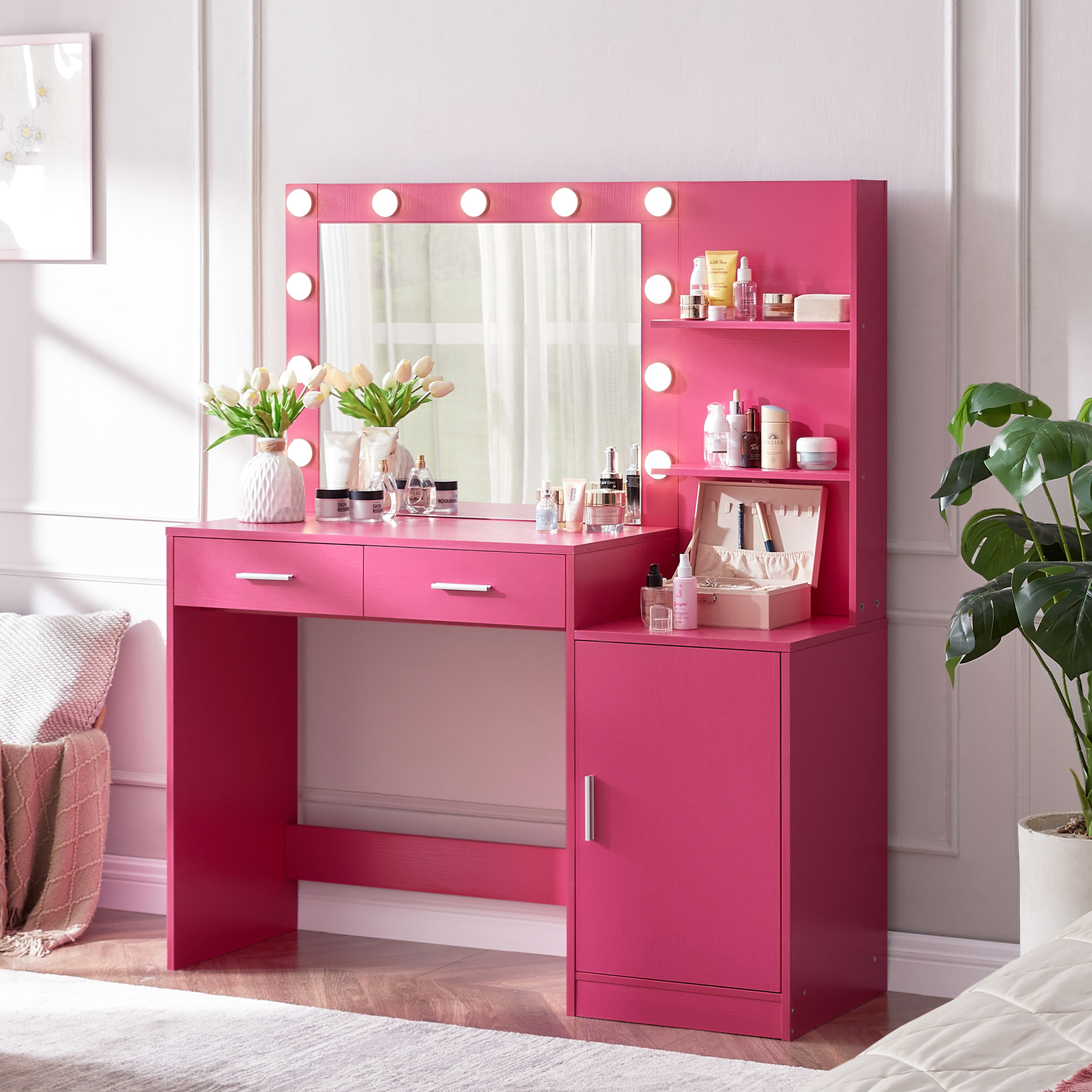 Vanity Desk with Mirror and Lights, 46.4IN Dressing Table with 2 Large Drawer&Large Vertical Organizer, 3 Level Dresser & 3 Lighting Modes Adjustable Brightness, Suitable for Bedroom(Rose Pink)