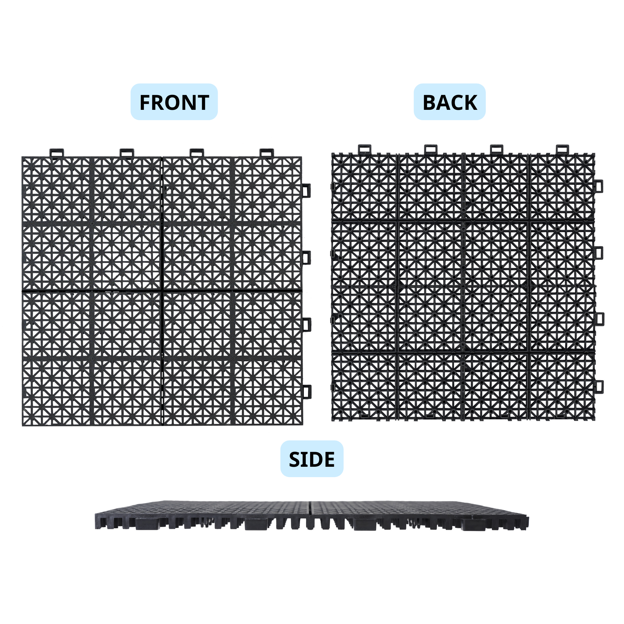 12 x 12 Inch Black Interlocking Deck Tiles Plastic Waterproof Outdoor All Weather Anti-slip Bathroom Shower Balcony Porch Strong Weight Capacity Upto 6613 LBS, Rosette Pattern Pack of 12