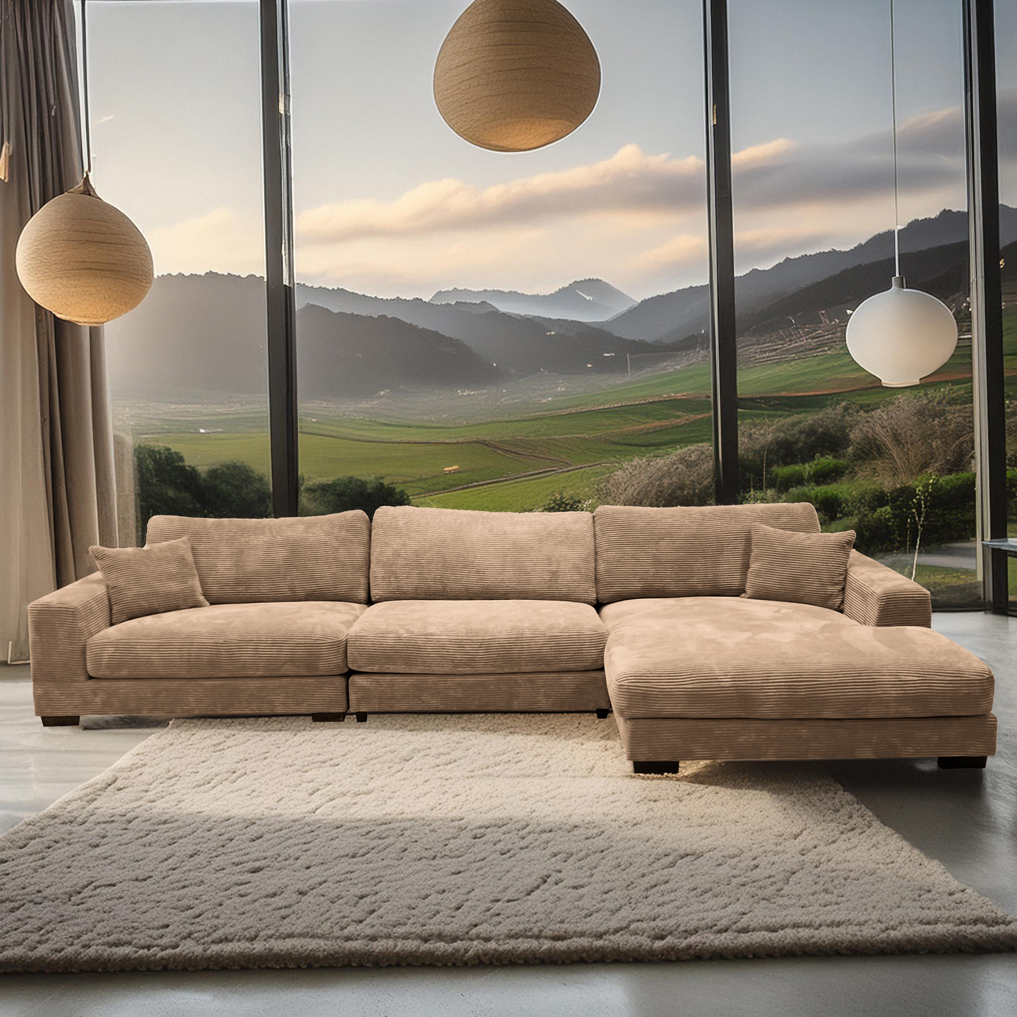 Bella Tan Corduroy Right-Facing 3-piece Sectional