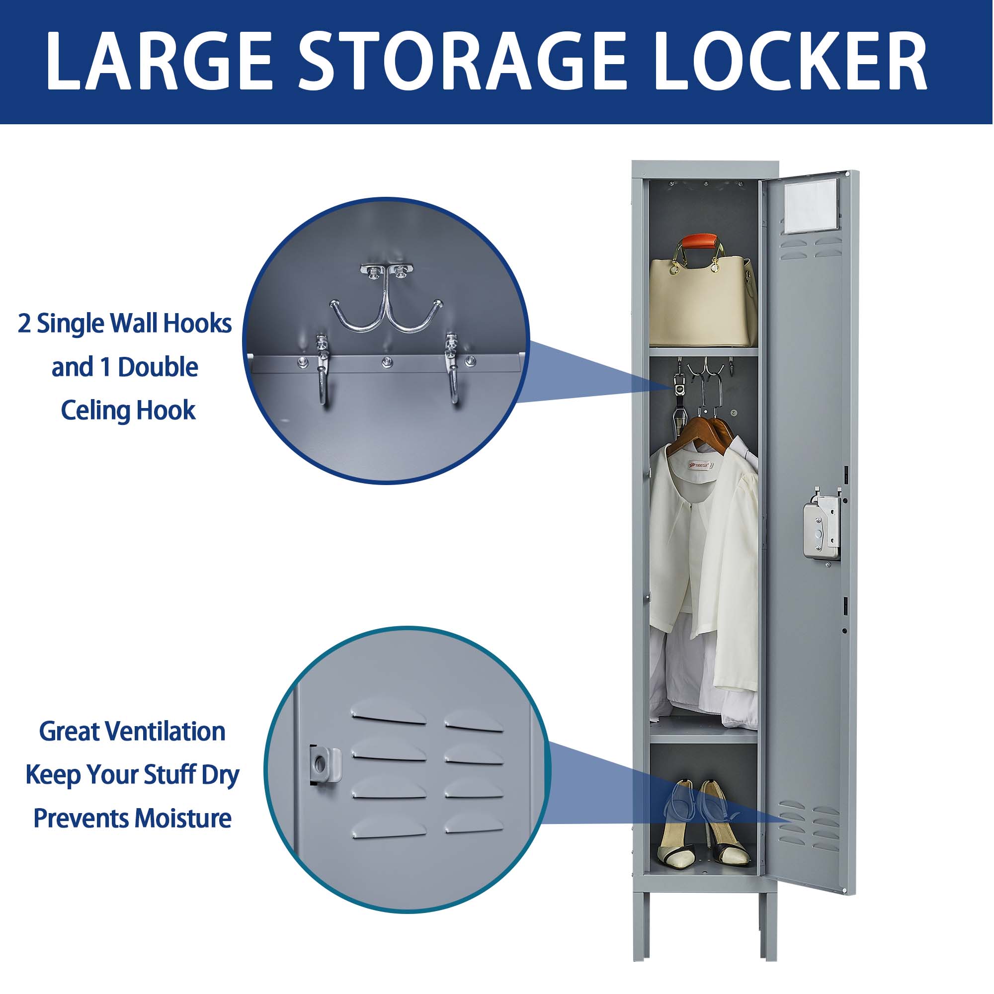 1 Door 66"H Metal Lockers With Lock for Employees,Storage Locker Cabinet  for Home Gym Office School Garage,Gray