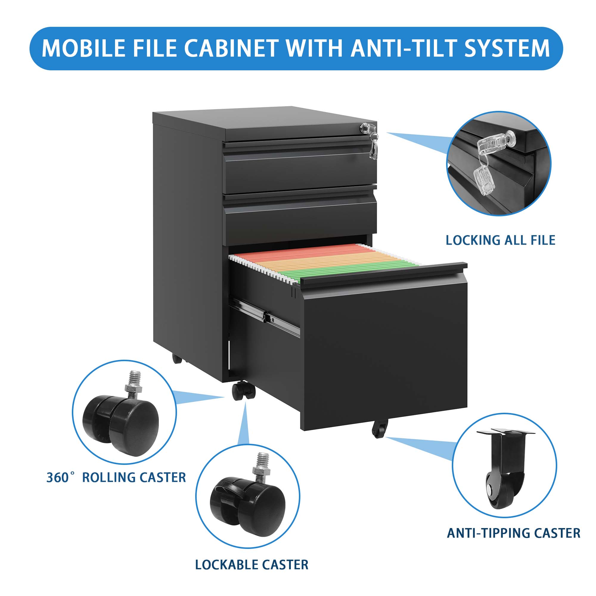 3 Drawer Mobile File Cabinet with Lock,Metal Filing Cabinets for Home Office Organizer Letters/Legal/A4,Fully Assembled,Black