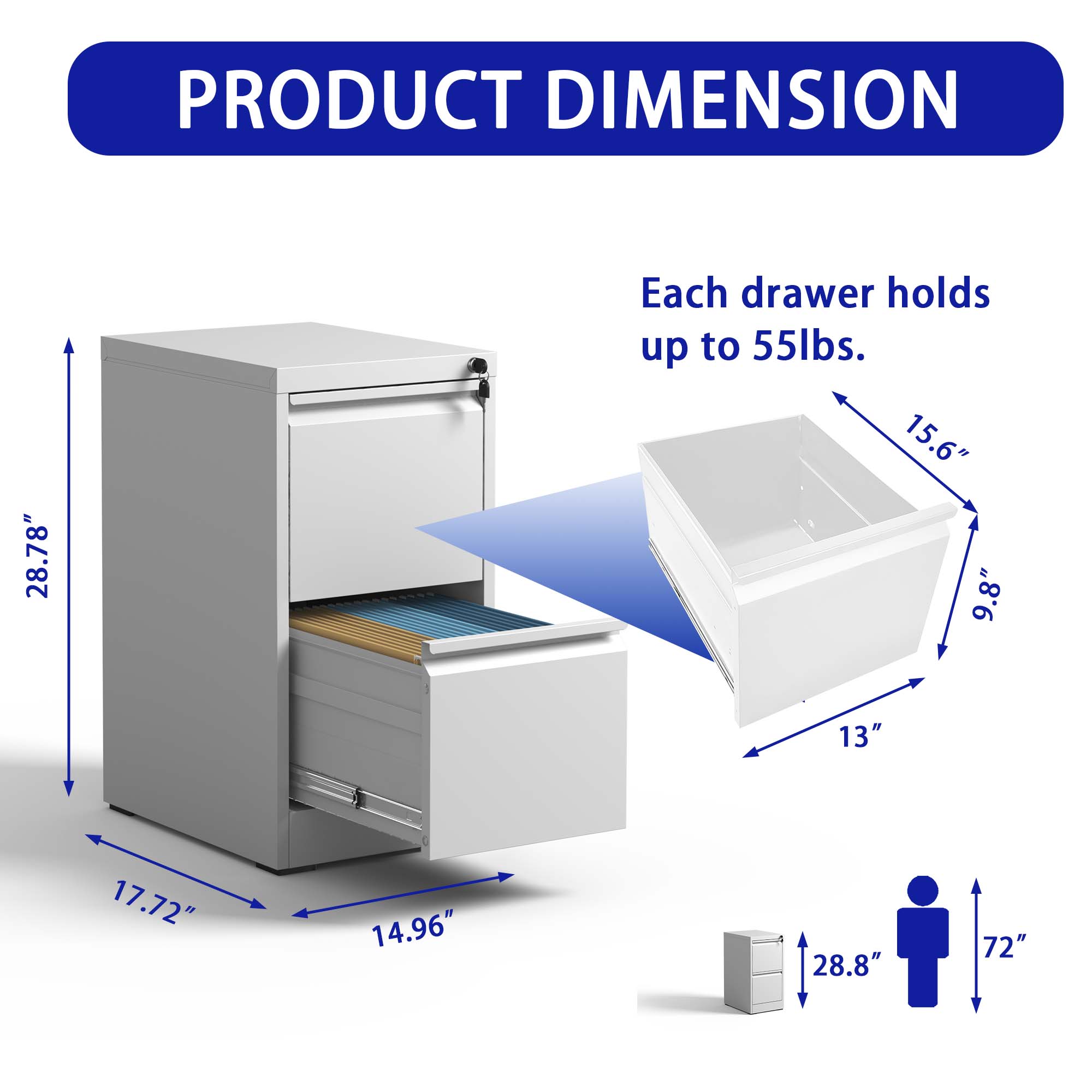 2 Drawer Metal Vertical File Cabinet with Lock Office Home Steel Vertical File Cabinet for A4 Legal/Letter Size