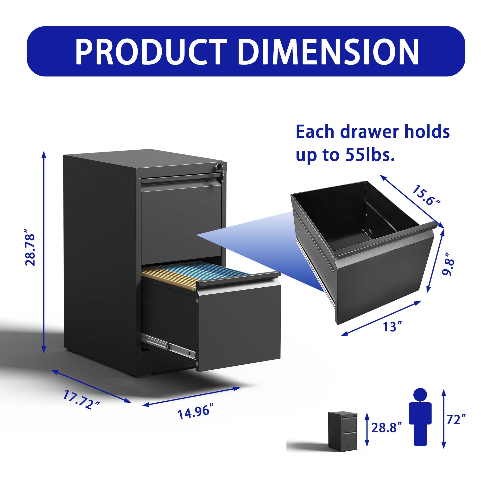 2 Drawer Metal Vertical File Cabinet with Lock Office Home Steel Vertical File Cabinet for A4 Legal/Letter Size