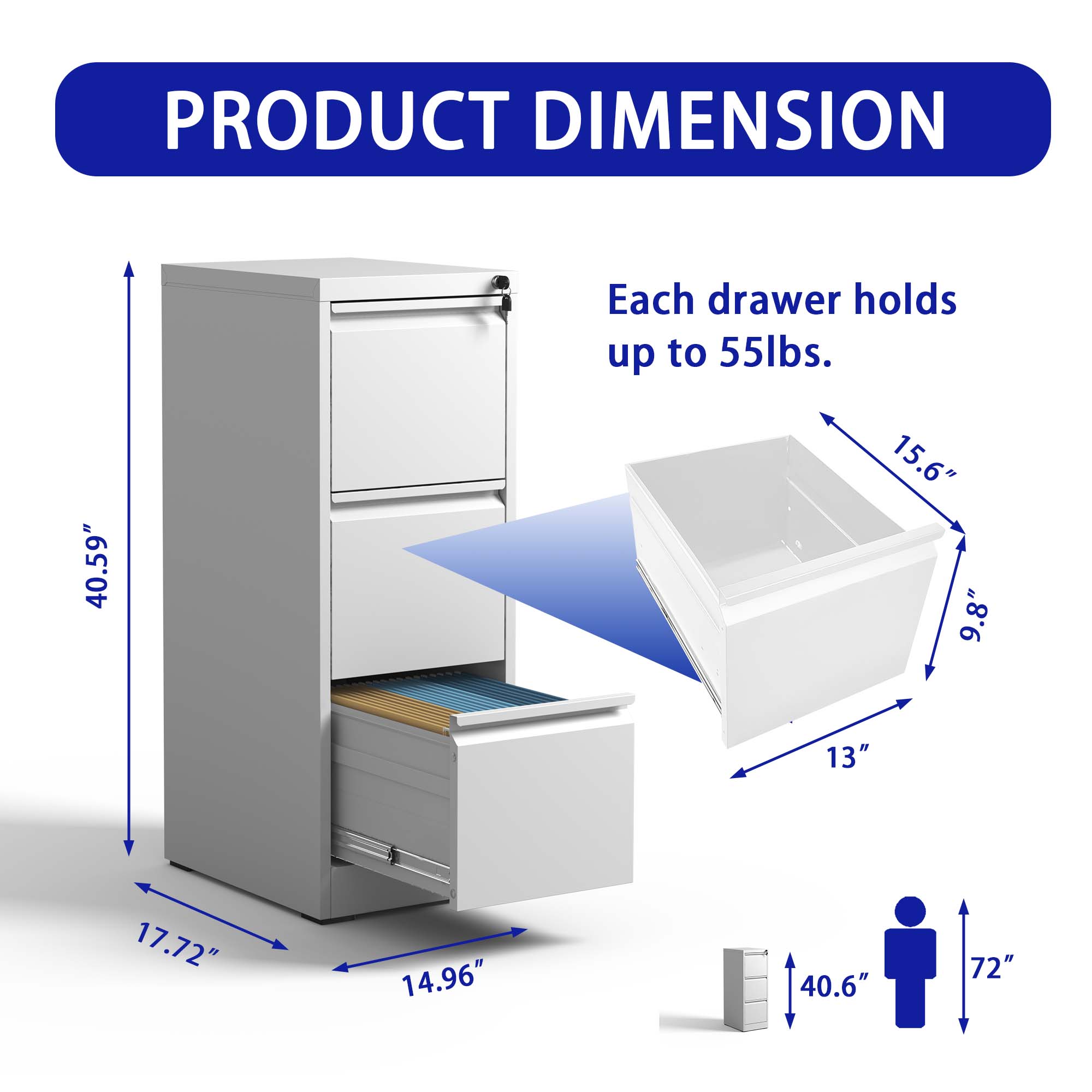 3 Drawer Metal Vertical File Cabinet with Lock Office Home Steel Vertical File Cabinet for A4 Legal/Letter Size3