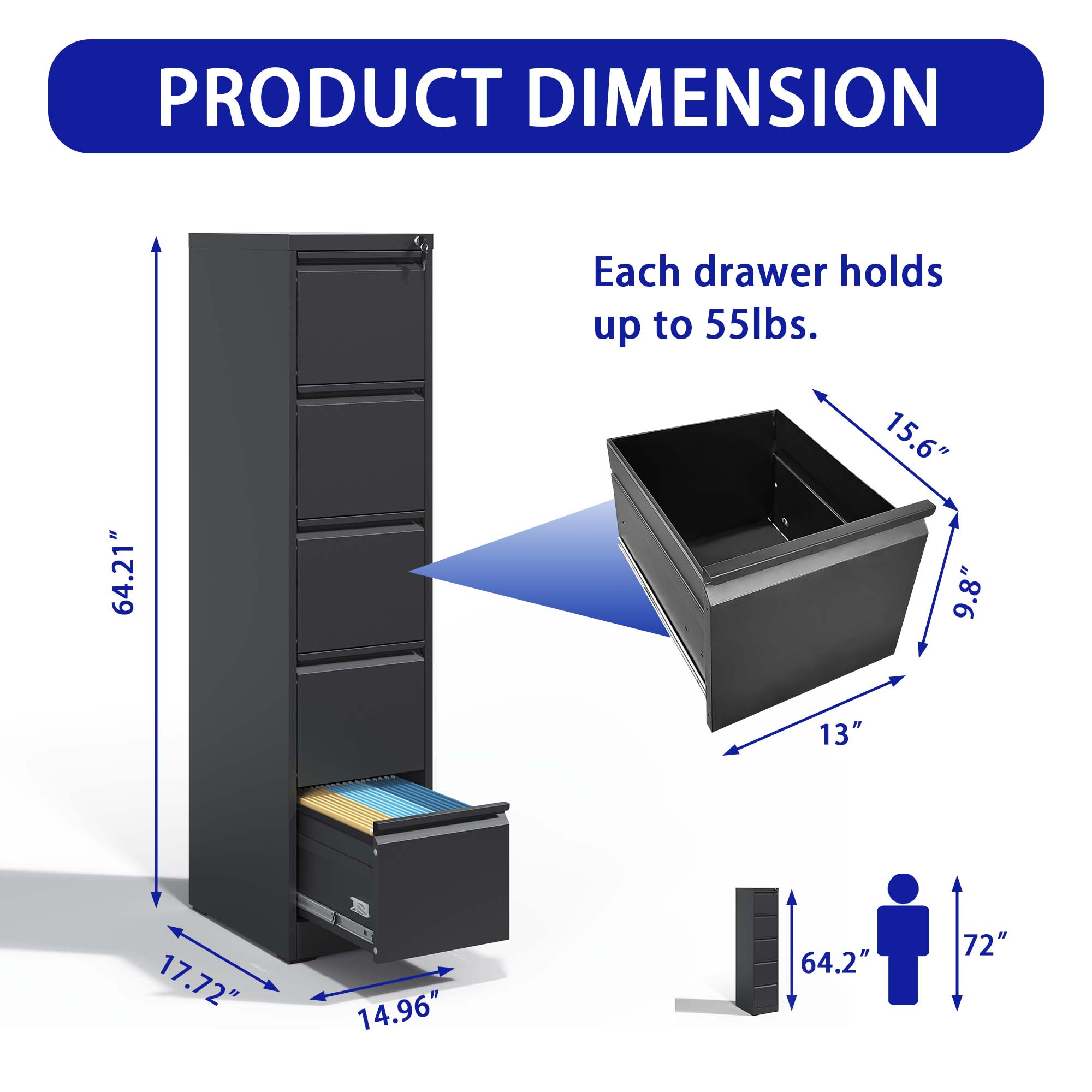 5 Drawer Metal Vertical File Cabinet with Lock Office Home Steel Vertical File Cabinet for A4 Legal/Letter Size