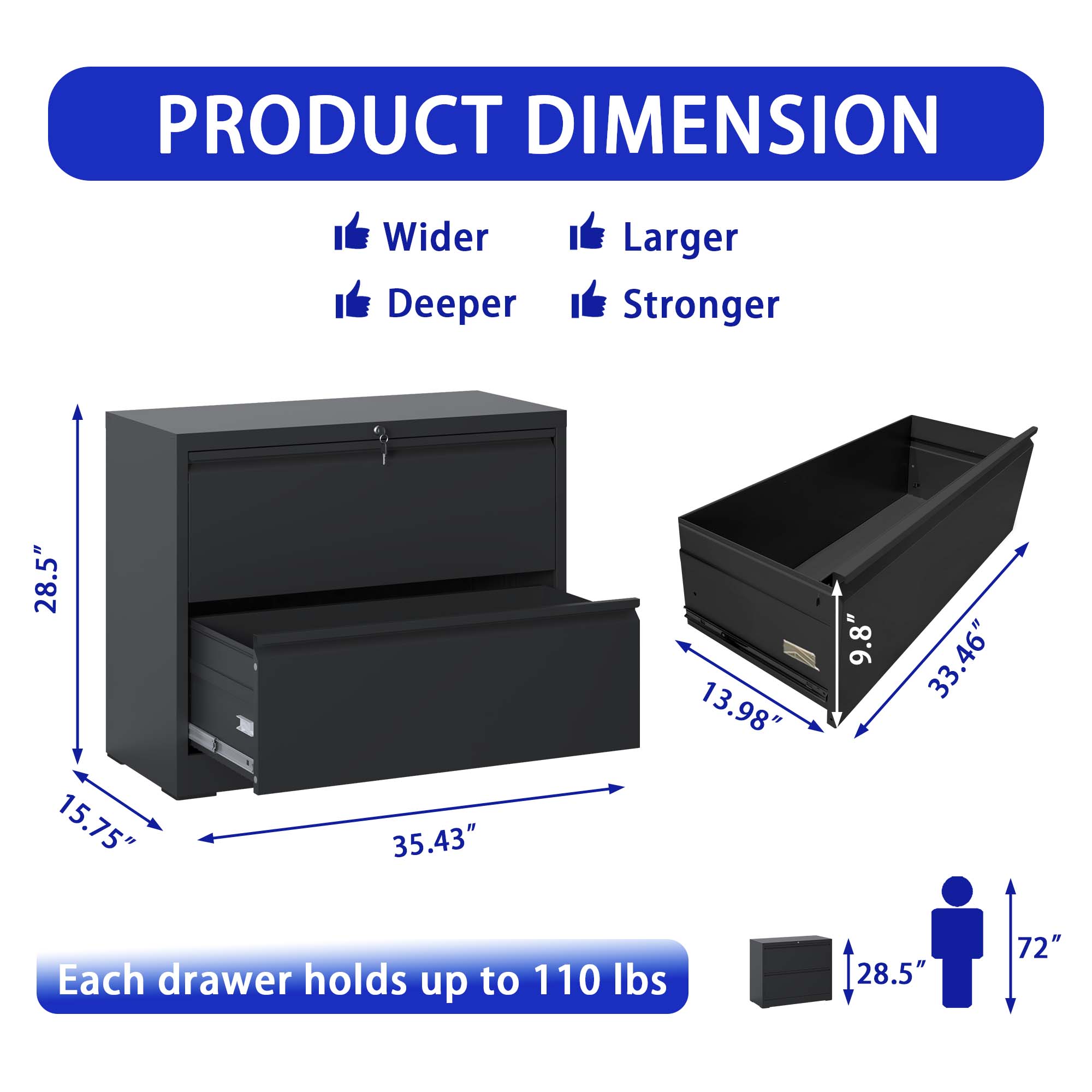 Lateral File Cabinet 2 Drawer, Black Filing Cabinet with Lock, Lockable File Cabinet for Home Office, Locking Metal File Cabinet for Legal/Letter/A4/F4 Size