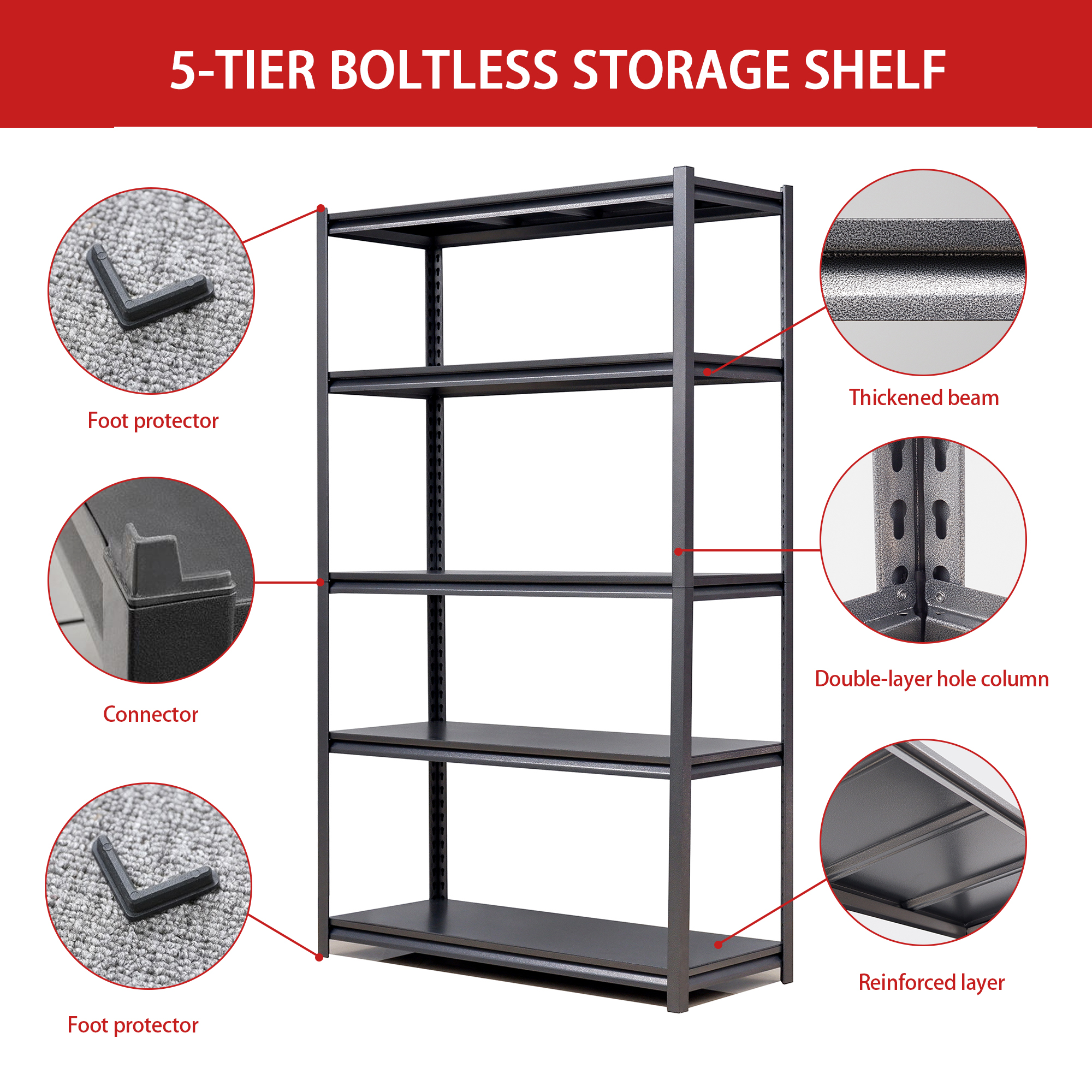 78"H  5 Tier Metal Shelves for Storage Garage Shelving 2000LBS Heavy Duty Storage Shelves Adjustable Garage Shelf Industrial Shelving Unit Storage Utility Rack,47.2"W*18"D*78"H,Black