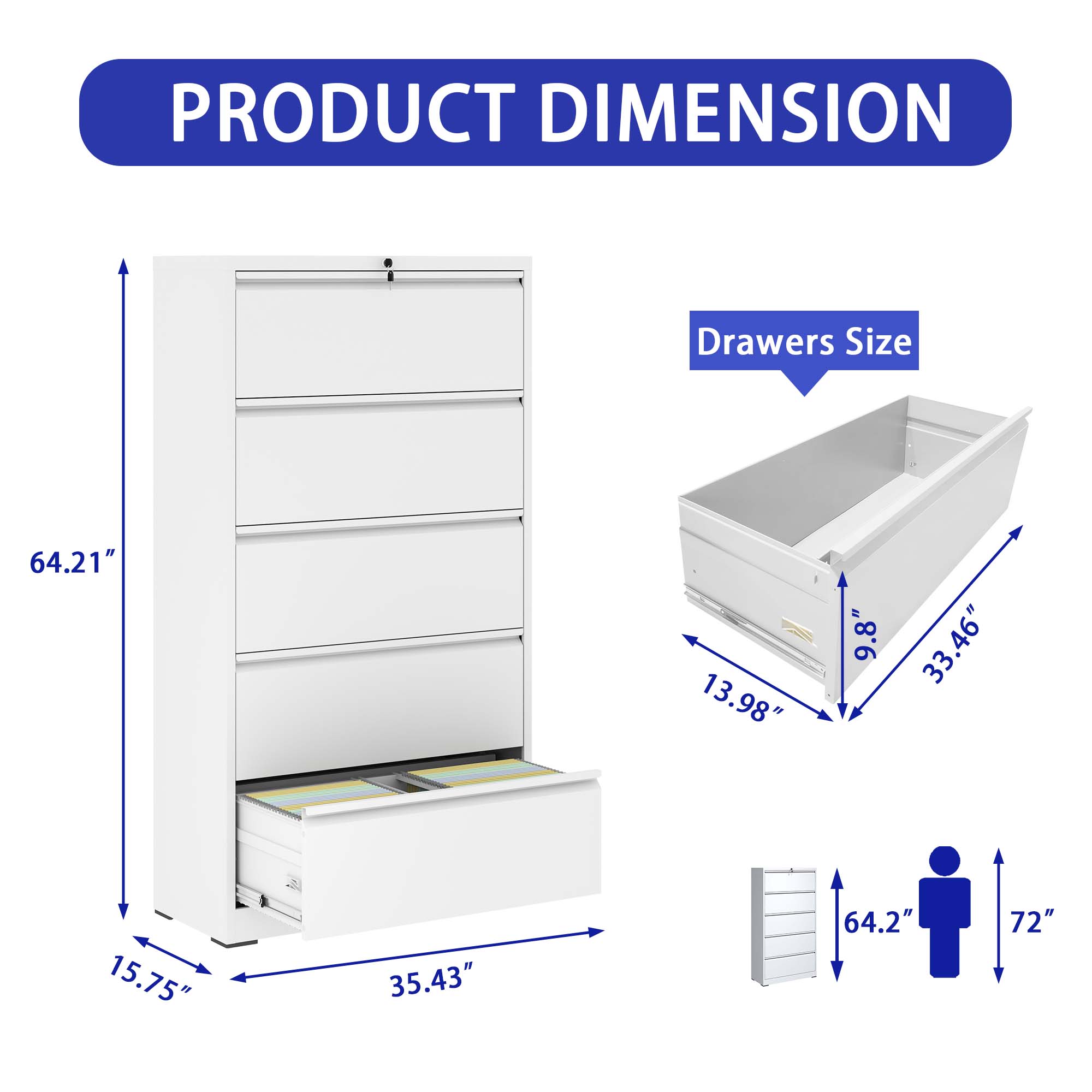 5 Drawer Metal Lateral File Cabinet , White Filing Cabinet with Lock, Lockable File Cabinet for Home Office, Locking Metal File Cabinet for Legal/Letter/A4/F4 Size