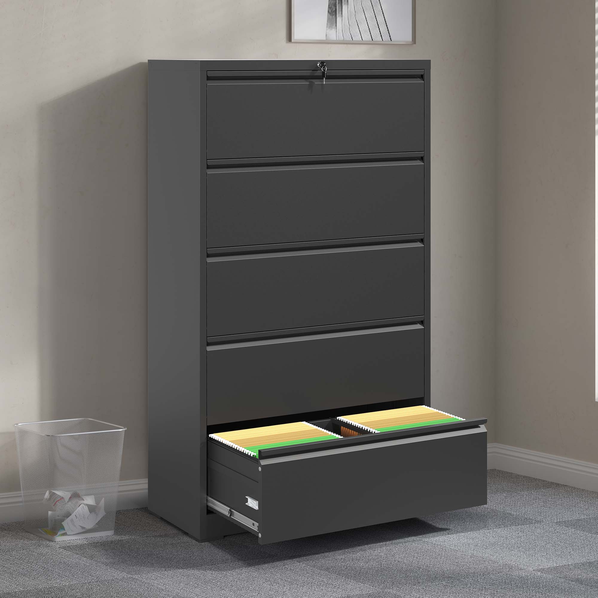 5 Drawer Metal Lateral File Cabinet , Black Filing Cabinet with Lock, Lockable File Cabinet for Home Office, Locking Metal File Cabinet for Legal/Letter/A4/F4 Size