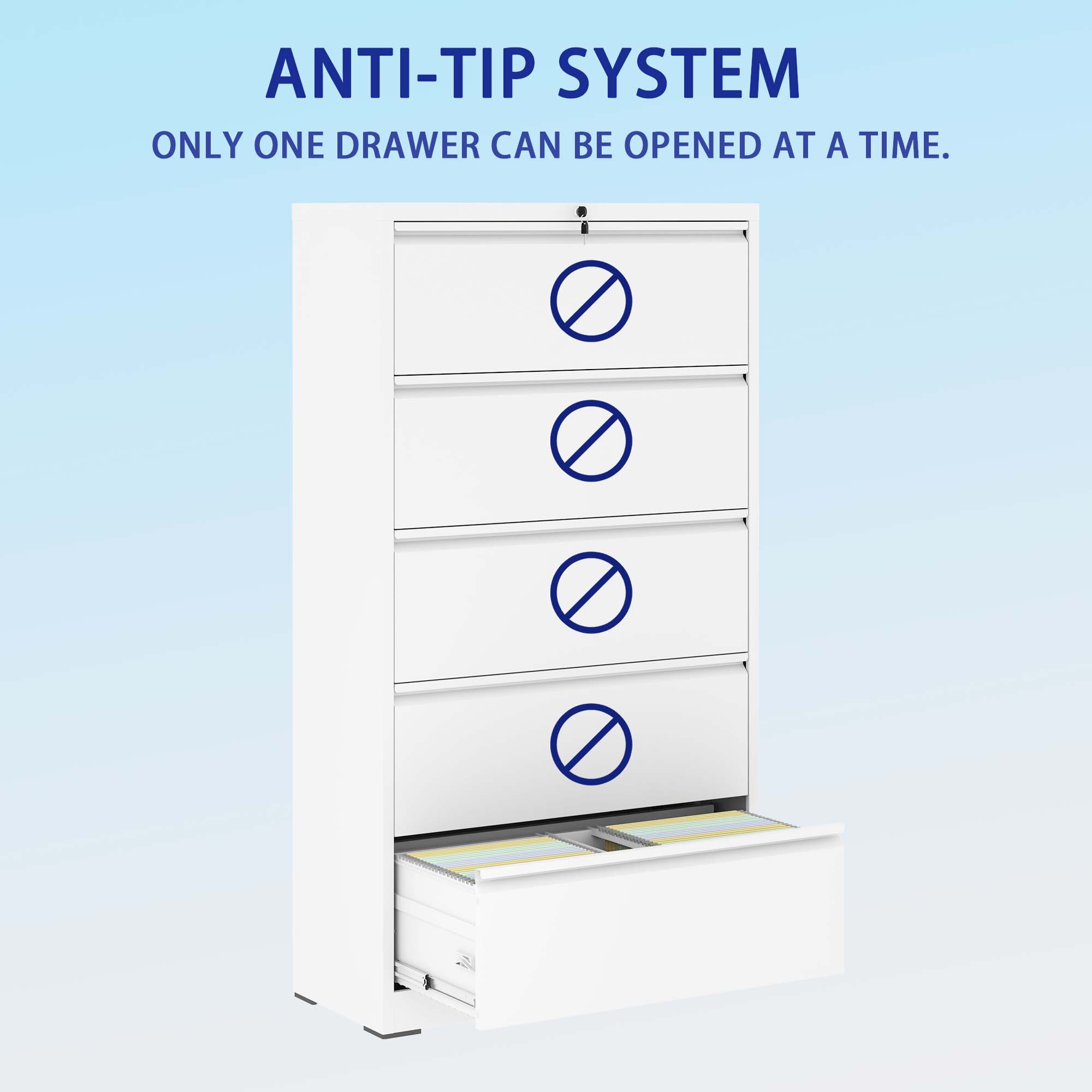 5 Drawer Metal Lateral File Cabinet , White Filing Cabinet with Lock, Lockable File Cabinet for Home Office, Locking Metal File Cabinet for Legal/Letter/A4/F4 Size