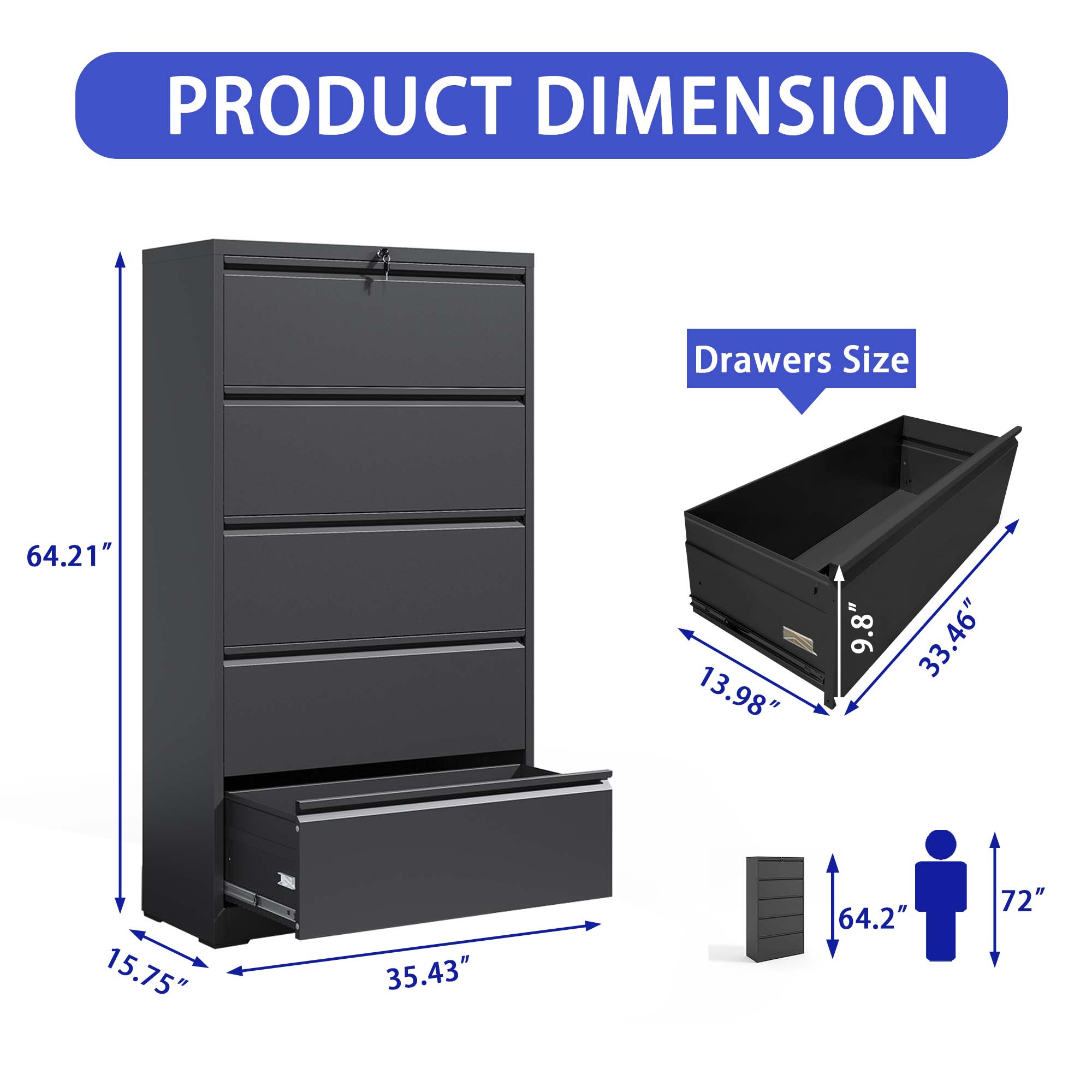 5 Drawer Metal Lateral File Cabinet , Black Filing Cabinet with Lock, Lockable File Cabinet for Home Office, Locking Metal File Cabinet for Legal/Letter/A4/F4 Size