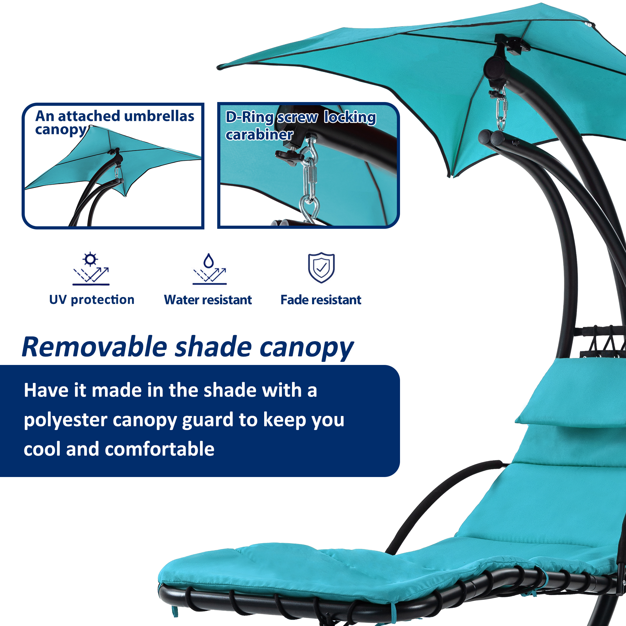 Hanging Chaise Lounger with Removable Canopy, Outdoor Swing Chair with Built-in Pillow, Hanging Curved Chaise Lounge Chair Swing for Patio Porch Poolside, Hammock Chair with Stand (Blue)