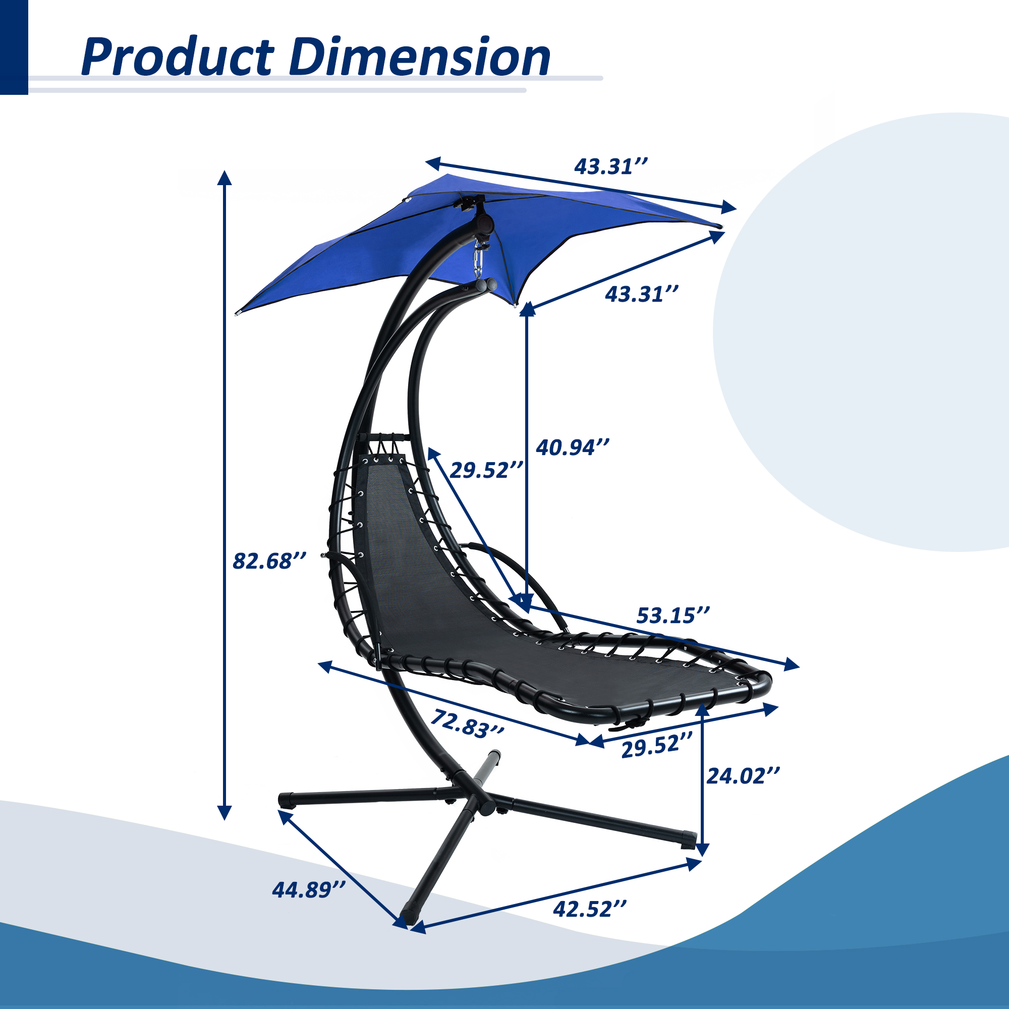 Hanging Chaise Lounger with Removable Canopy, Outdoor Swing Chair with Built-in Pillow, Hanging Curved Chaise Lounge Chair Swing for Patio Porch Poolside, Hammock Chair with Stand (Navt)