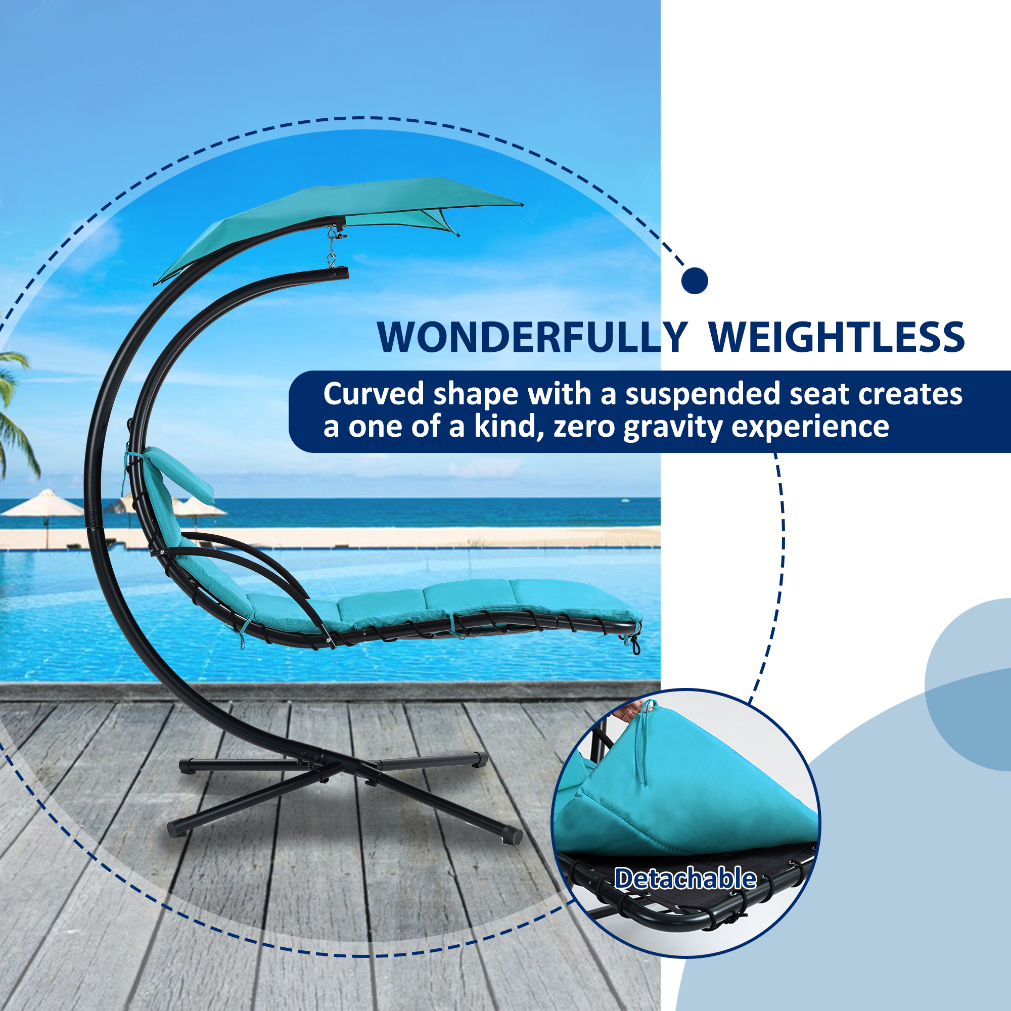 Hanging Chaise Lounger with Removable Canopy, Outdoor Swing Chair with Built-in Pillow, Hanging Curved Chaise Lounge Chair Swing for Patio Porch Poolside, Hammock Chair with Stand (Blue)