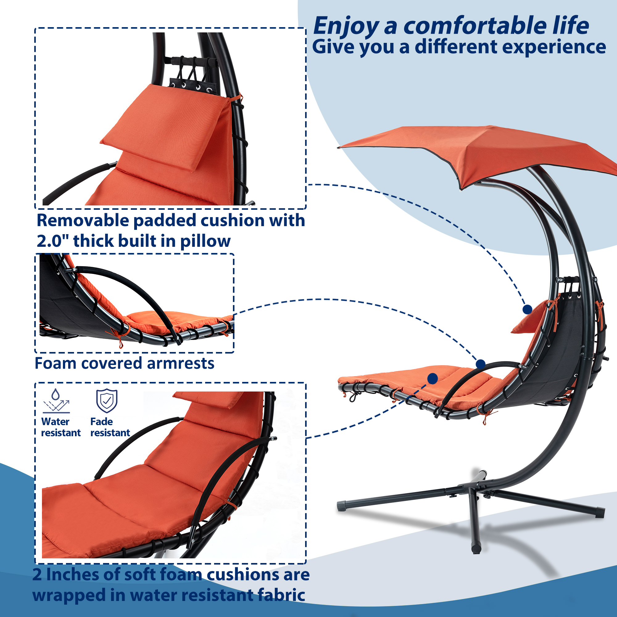 Hanging Chaise Lounger with Removable Canopy, Outdoor Swing Chair with Built-in Pillow, Hanging Curved Chaise Lounge Chair Swing for Patio Porch Poolside, Hammock Chair with Stand (Orange)