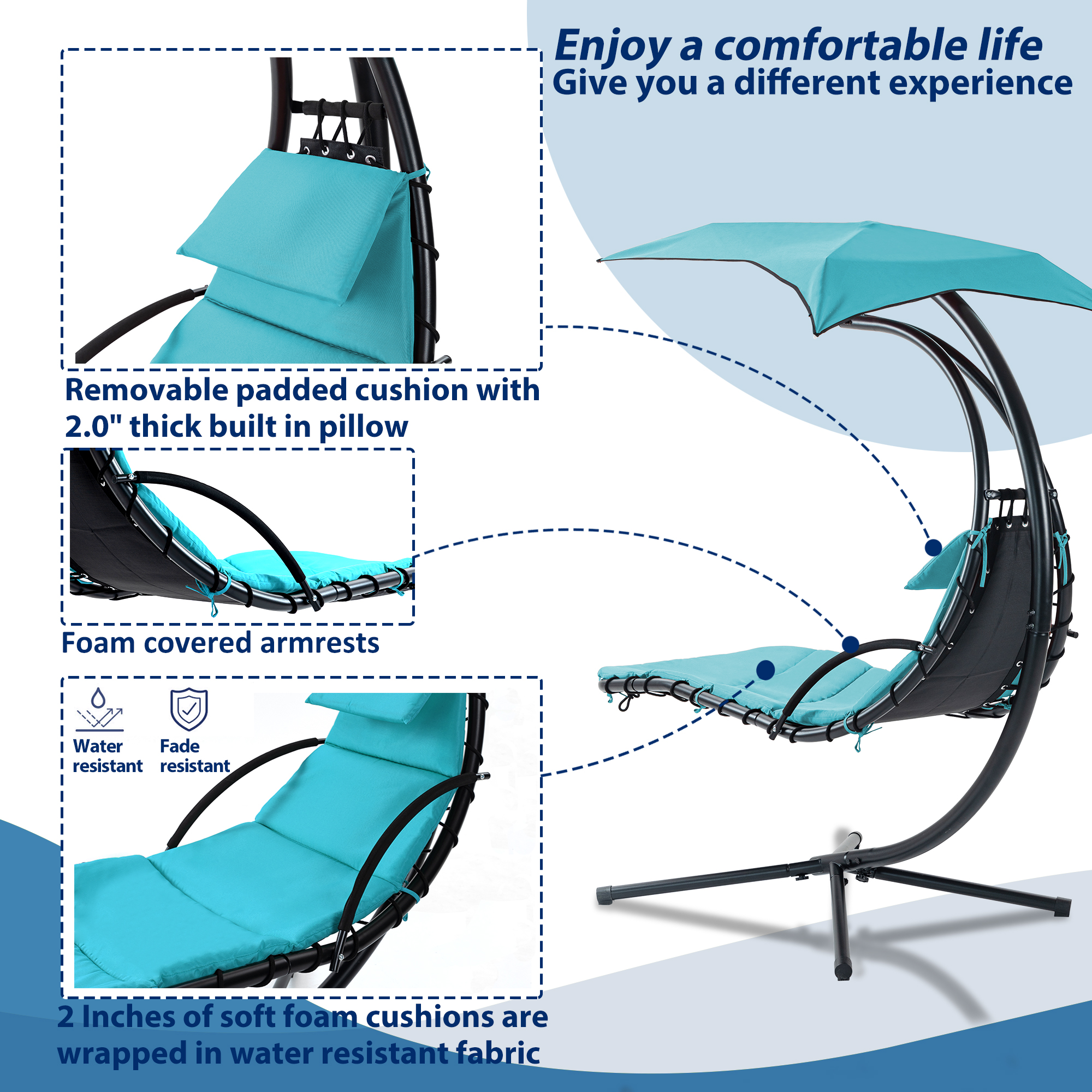 Hanging Chaise Lounger with Removable Canopy, Outdoor Swing Chair with Built-in Pillow, Hanging Curved Chaise Lounge Chair Swing for Patio Porch Poolside, Hammock Chair with Stand (Blue)