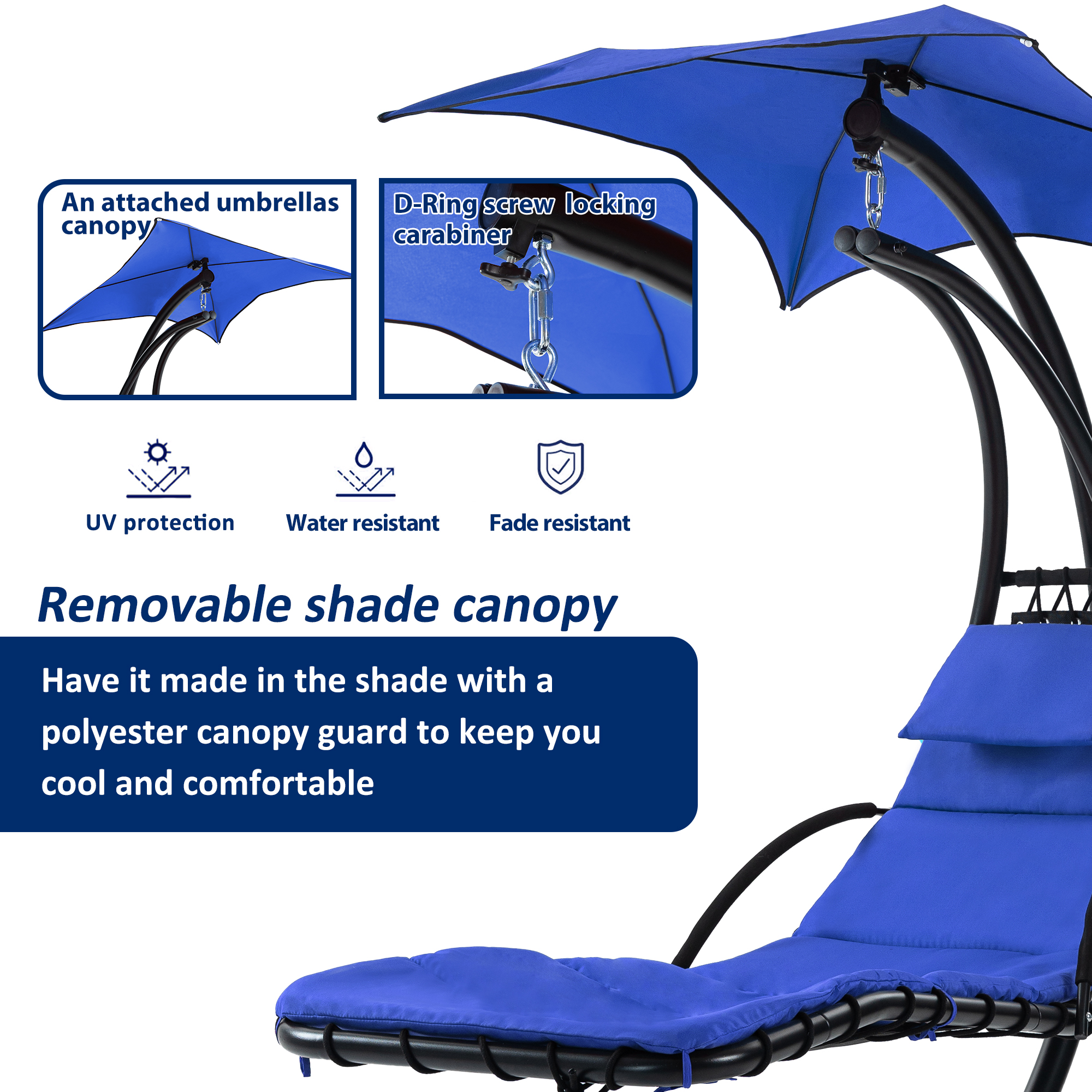 Hanging Chaise Lounger with Removable Canopy, Outdoor Swing Chair with Built-in Pillow, Hanging Curved Chaise Lounge Chair Swing for Patio Porch Poolside, Hammock Chair with Stand (Navt)