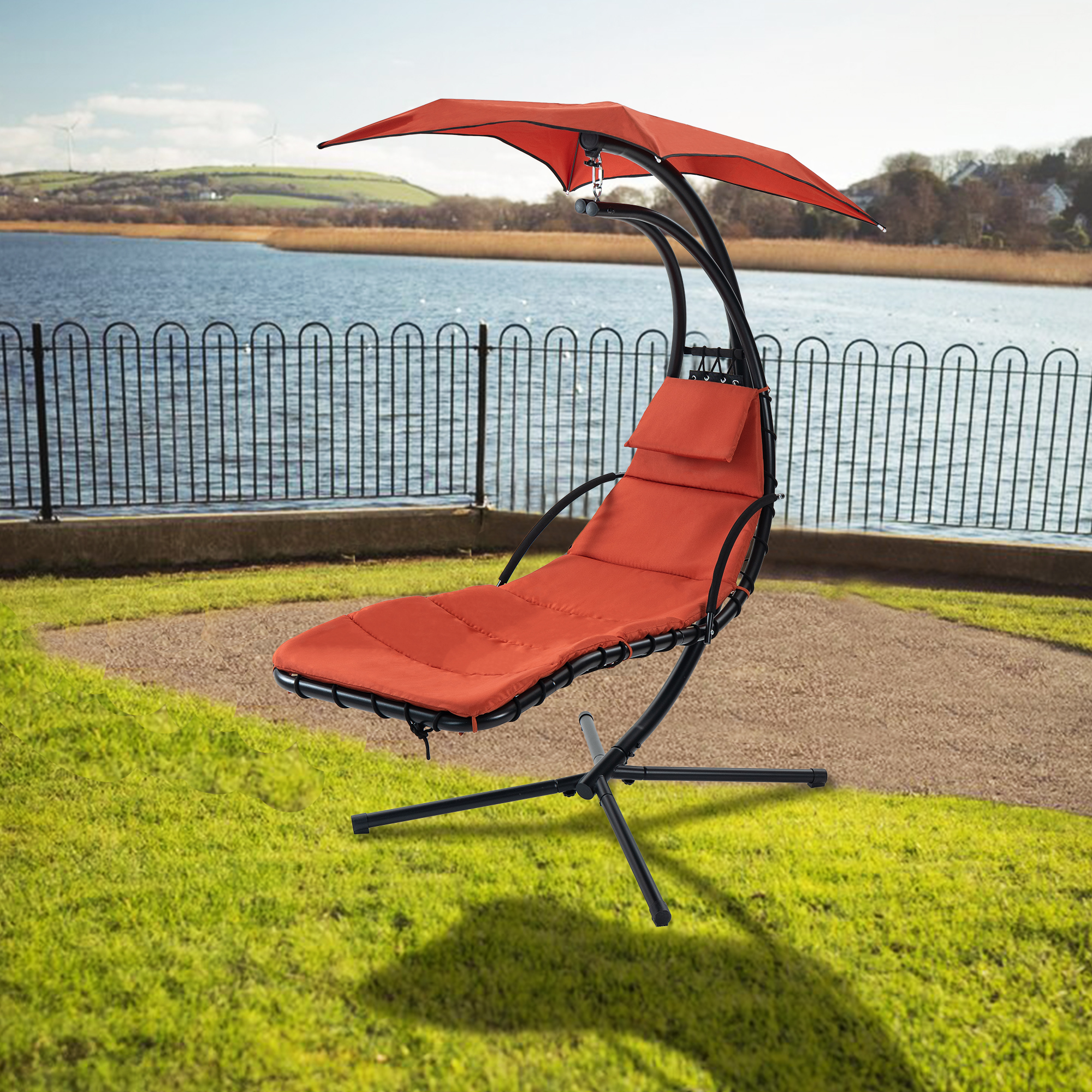 Hanging Chaise Lounger with Removable Canopy, Outdoor Swing Chair with Built-in Pillow, Hanging Curved Chaise Lounge Chair Swing for Patio Porch Poolside, Hammock Chair with Stand (Orange)