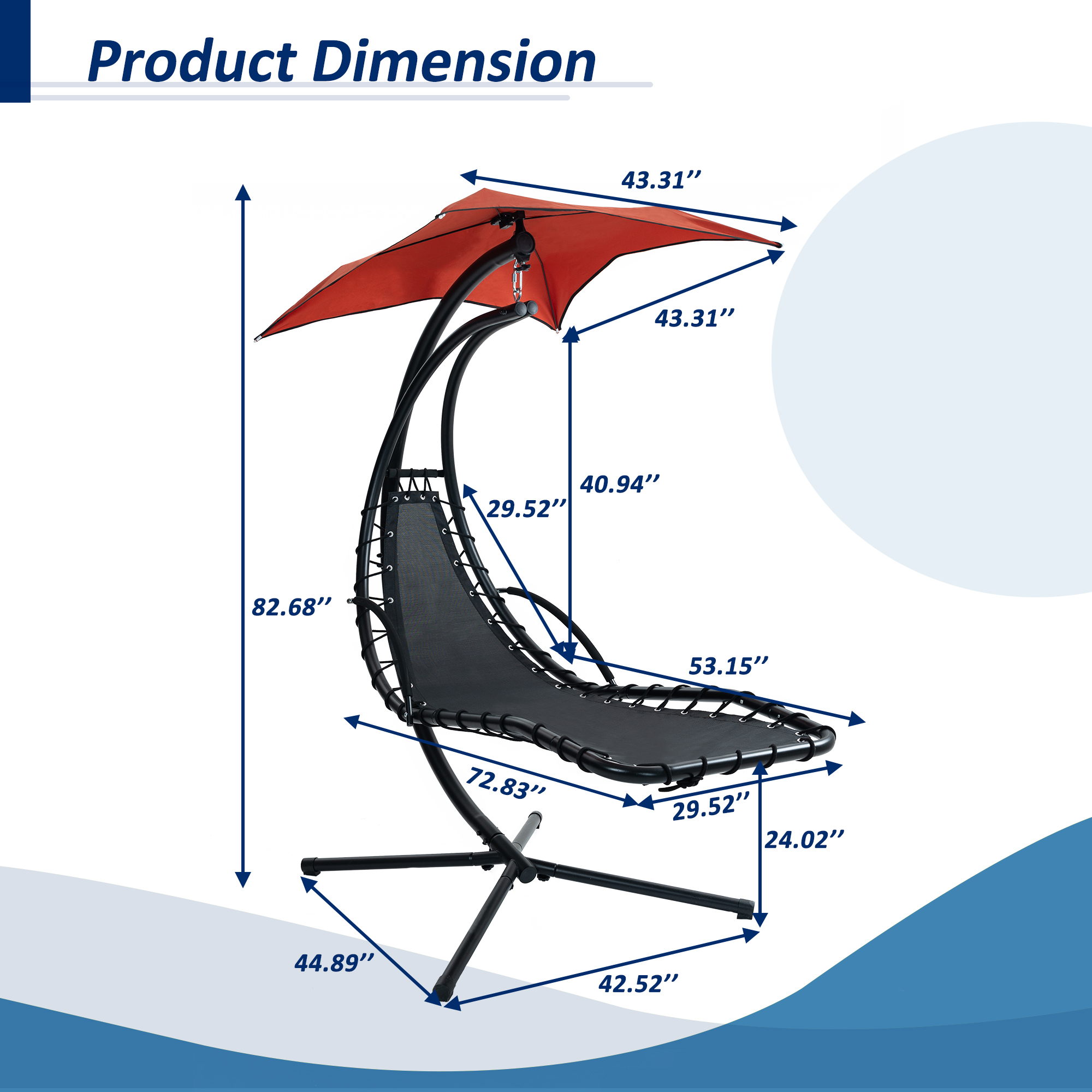 Hanging Chaise Lounger with Removable Canopy, Outdoor Swing Chair with Built-in Pillow, Hanging Curved Chaise Lounge Chair Swing for Patio Porch Poolside, Hammock Chair with Stand (Orange)