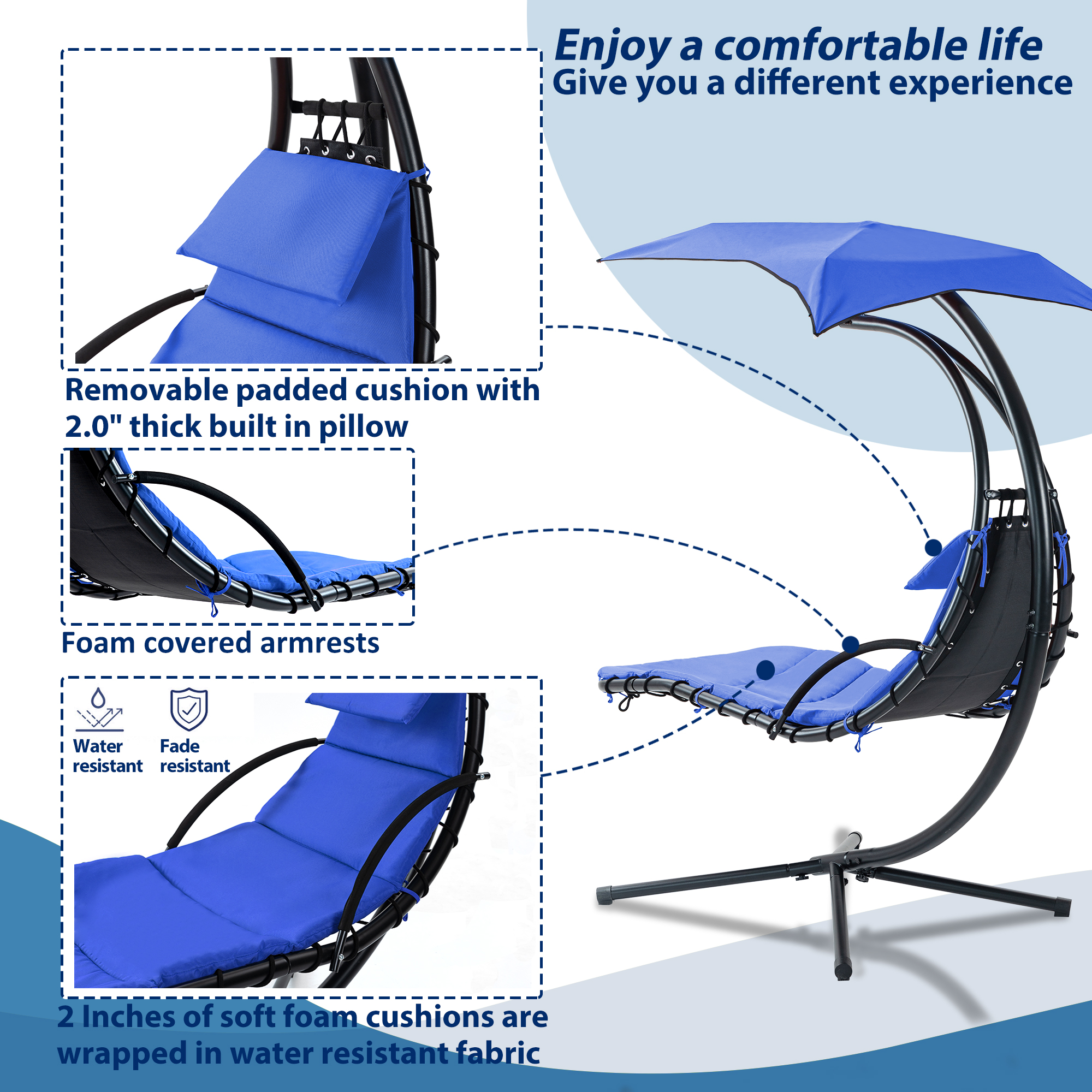 Hanging Chaise Lounger with Removable Canopy, Outdoor Swing Chair with Built-in Pillow, Hanging Curved Chaise Lounge Chair Swing for Patio Porch Poolside, Hammock Chair with Stand (Navt)