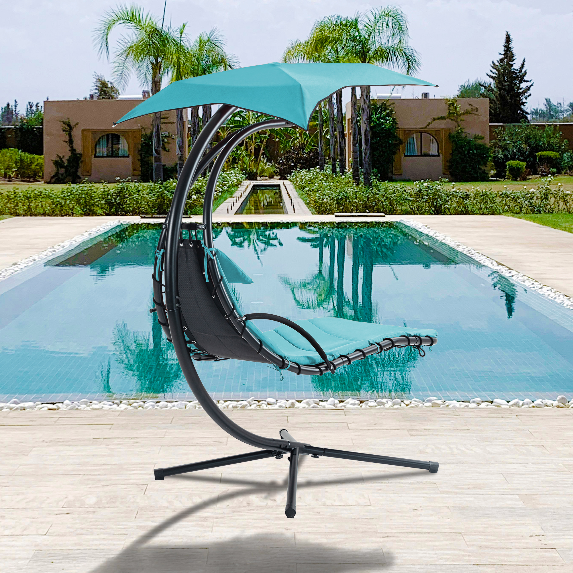 Hanging Chaise Lounger with Removable Canopy, Outdoor Swing Chair with Built-in Pillow, Hanging Curved Chaise Lounge Chair Swing for Patio Porch Poolside, Hammock Chair with Stand (Blue)