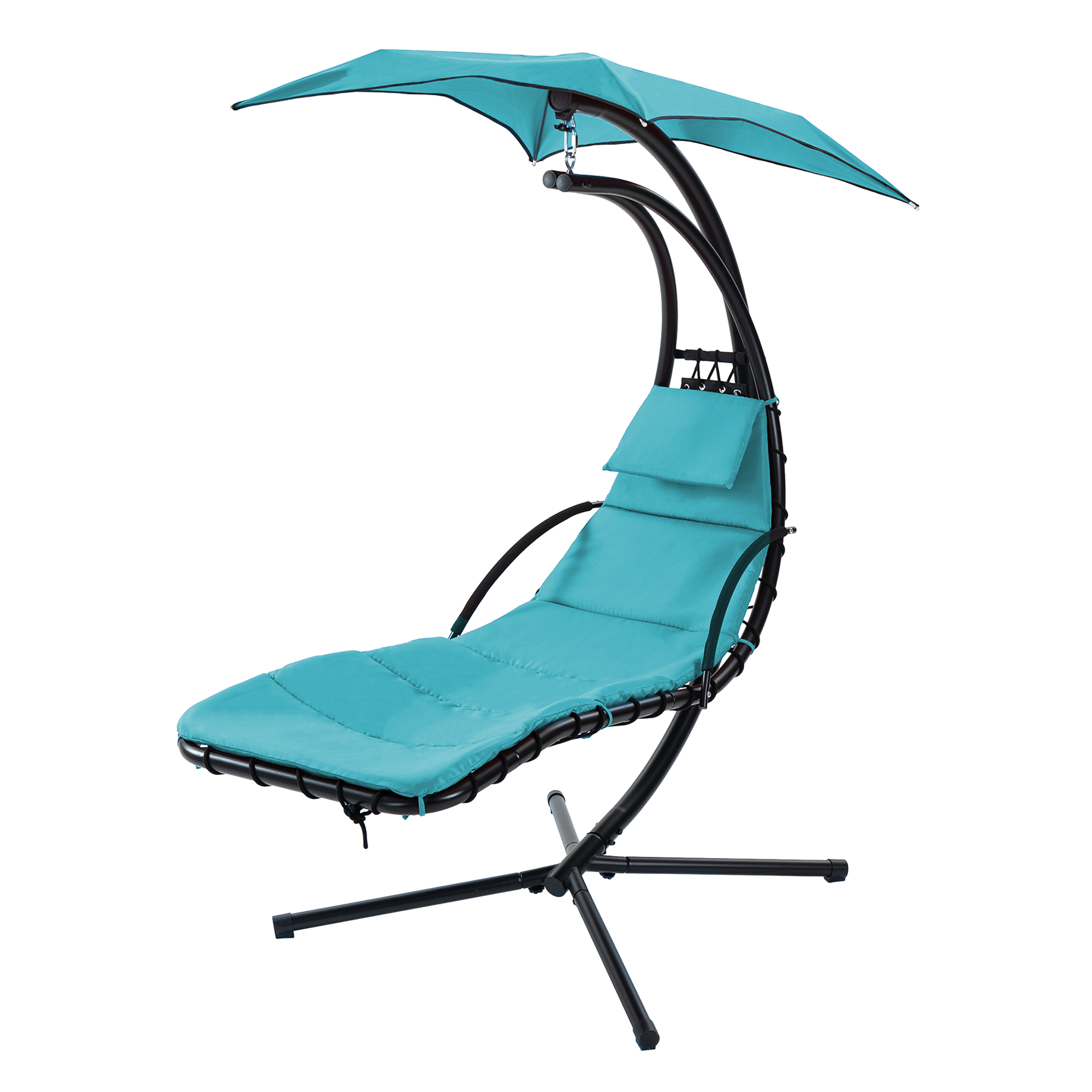 Hanging Chaise Lounger with Removable Canopy, Outdoor Swing Chair with Built-in Pillow, Hanging Curved Chaise Lounge Chair Swing for Patio Porch Poolside, Hammock Chair with Stand (Blue)