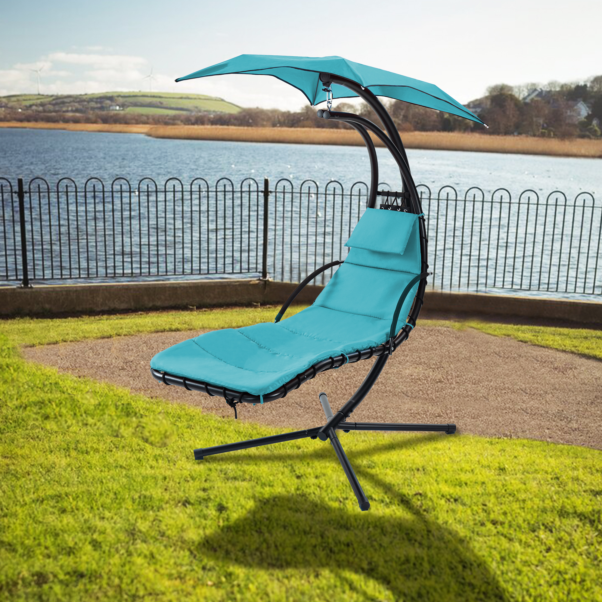 Hanging Chaise Lounger with Removable Canopy, Outdoor Swing Chair with Built-in Pillow, Hanging Curved Chaise Lounge Chair Swing for Patio Porch Poolside, Hammock Chair with Stand (Blue)