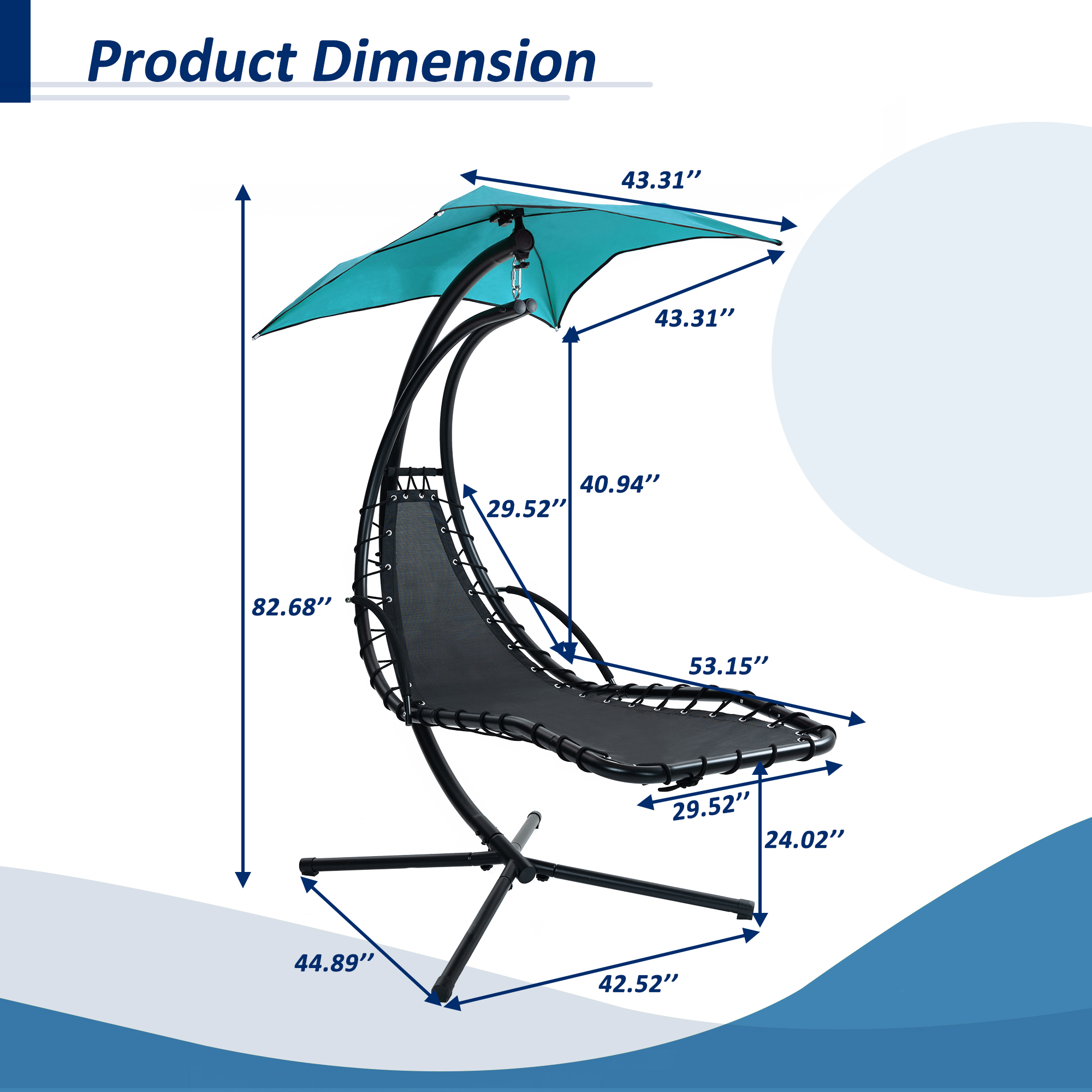 Hanging Chaise Lounger with Removable Canopy, Outdoor Swing Chair with Built-in Pillow, Hanging Curved Chaise Lounge Chair Swing for Patio Porch Poolside, Hammock Chair with Stand (Blue)