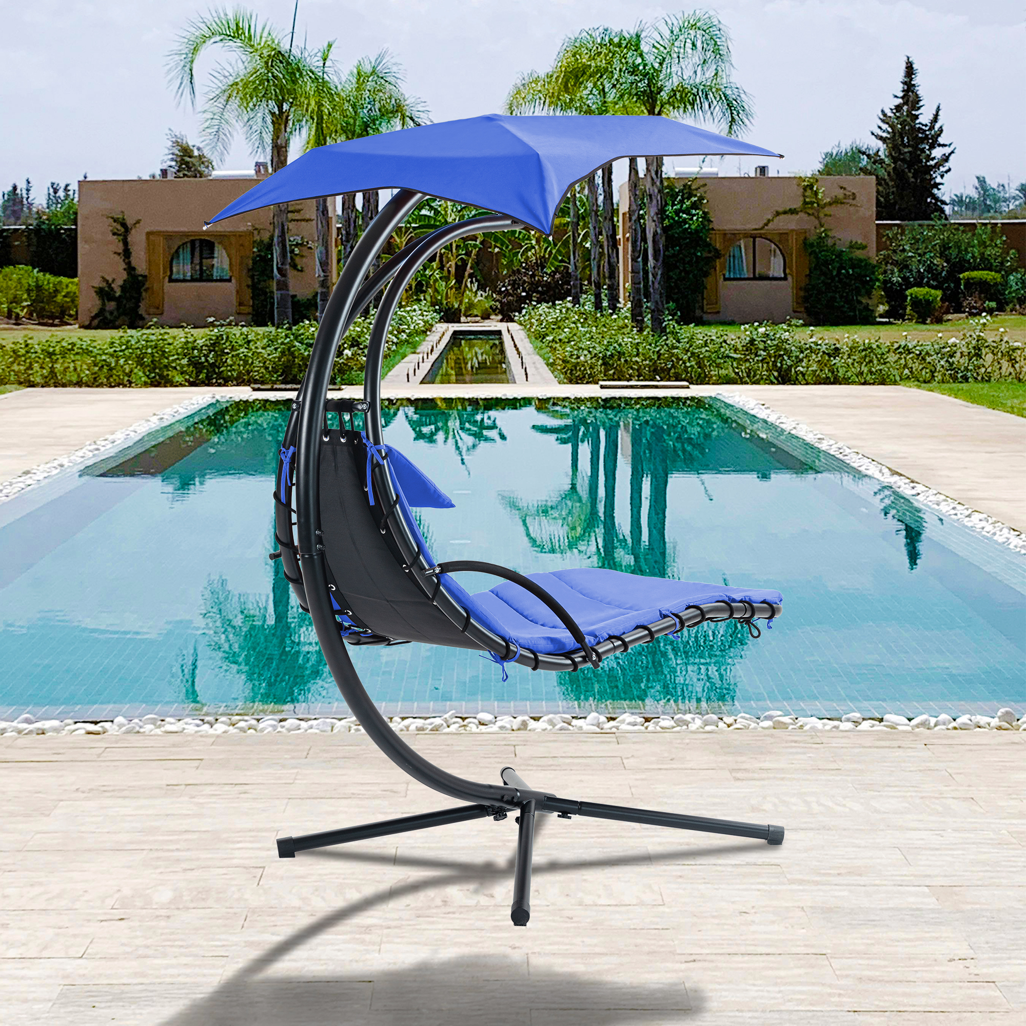 Hanging Chaise Lounger with Removable Canopy, Outdoor Swing Chair with Built-in Pillow, Hanging Curved Chaise Lounge Chair Swing for Patio Porch Poolside, Hammock Chair with Stand (Navt)