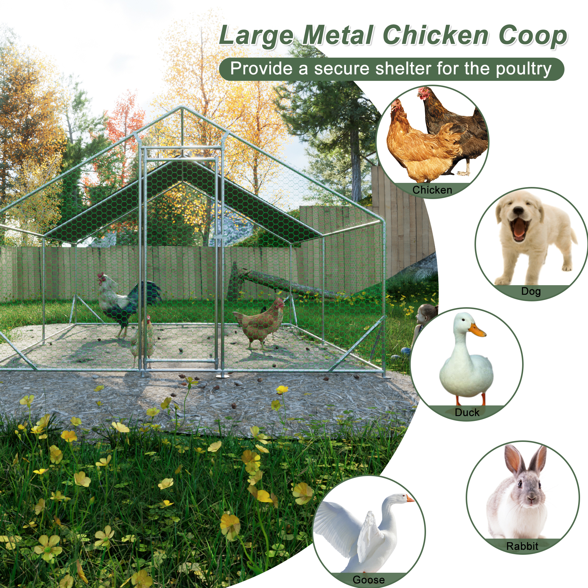 Large Metal Chicken Coop, Walk-in Chicken Run,Galvanized Wire Poultry Chicken Hen Pen Cage, Rabbits Duck Cages with Waterproof and Anti-Ultraviolet Cover for Outside(10' L x 13 W x 6.56' H)