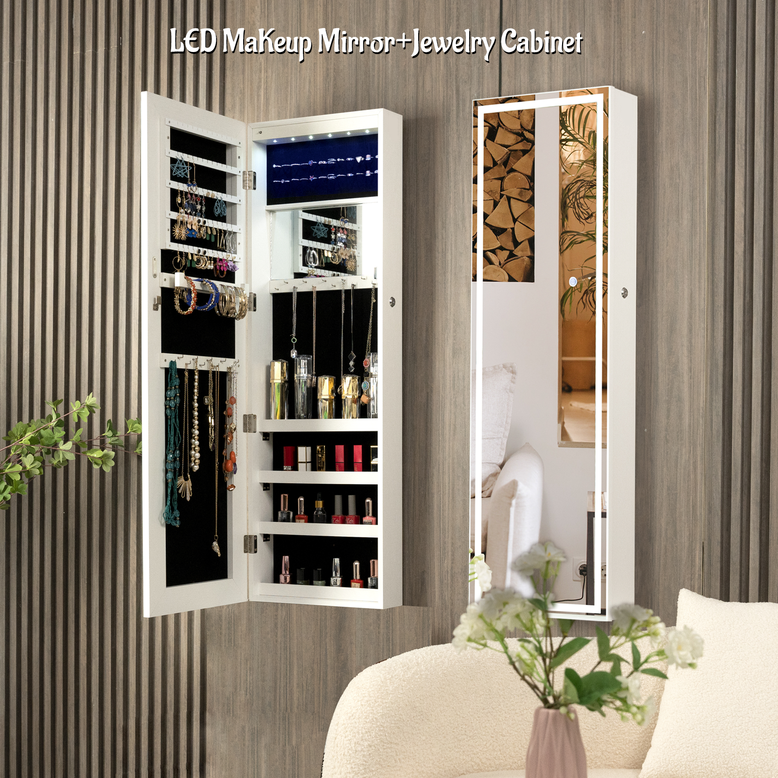 Fashion Simple Jewelry Storage Mirror Cabinet With LED Lights Can Be Hung On The Door Or Wall