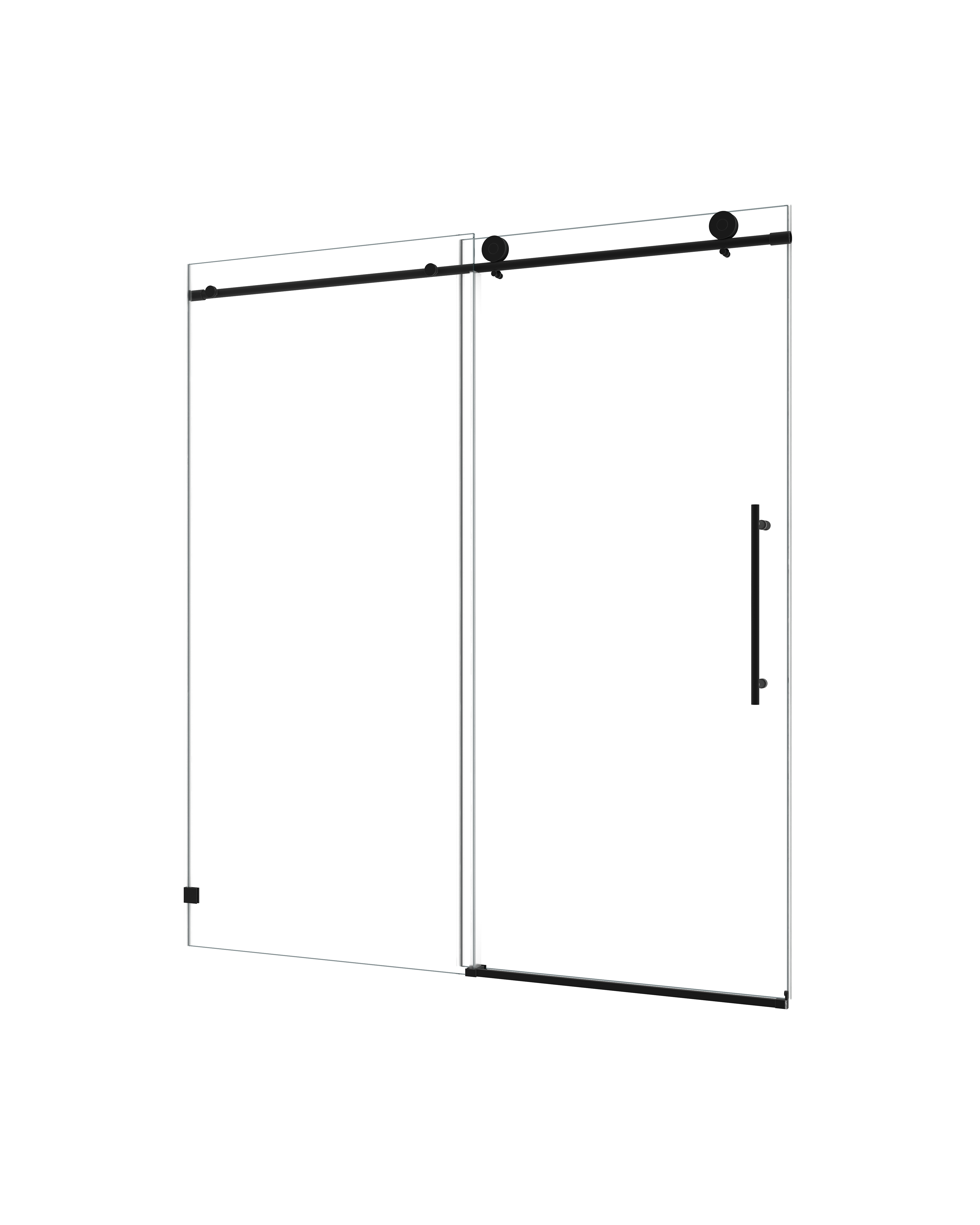 6076 Matte Black frameless one fixed and one shifted Shower Door, 70MM 304 stainless steel large pulleys with adjustable soft closing function,with nano easy cleaning,stick explosion-proof menbrance