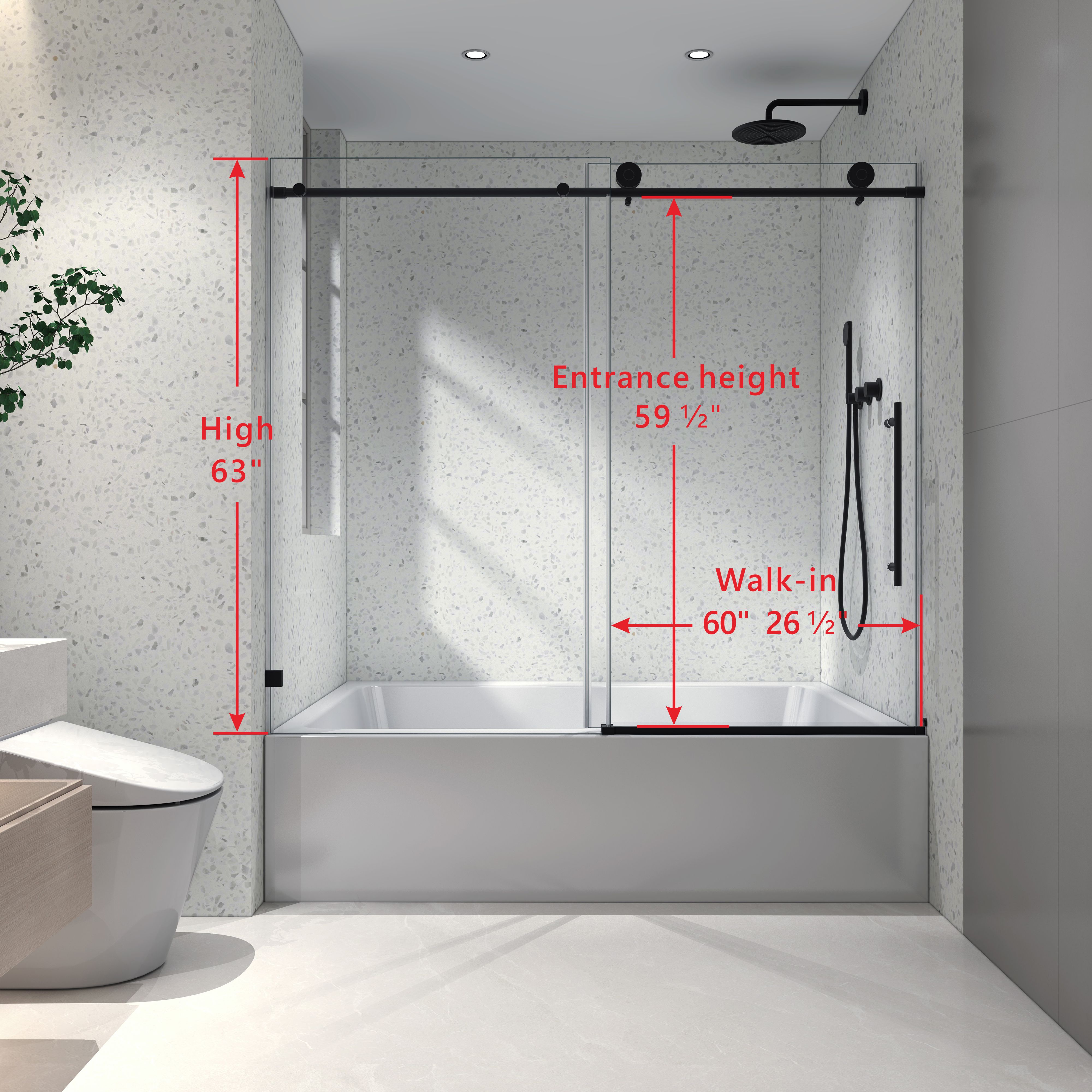 6063 Matte Black frameless one fixed and one shifted Shower Door, 70MM 304 stainless steel large pulleys with adjustable soft closing function,with nano easy cleaning,stick explosion-proof menbrance