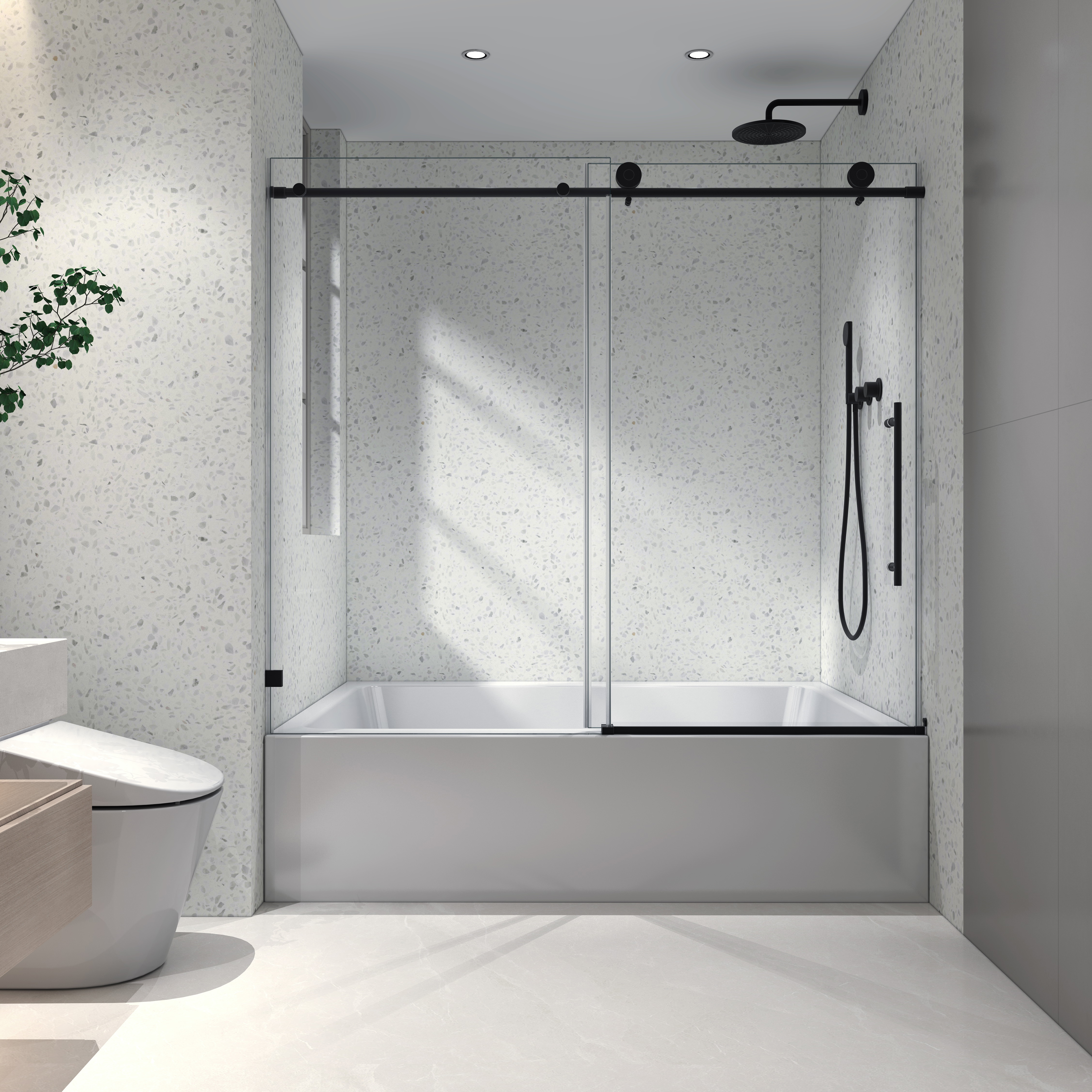 6076 Matte Black frameless one fixed and one shifted Shower Door, 70MM 304 stainless steel large pulleys with adjustable soft closing function,with nano easy cleaning,stick explosion-proof menbrance