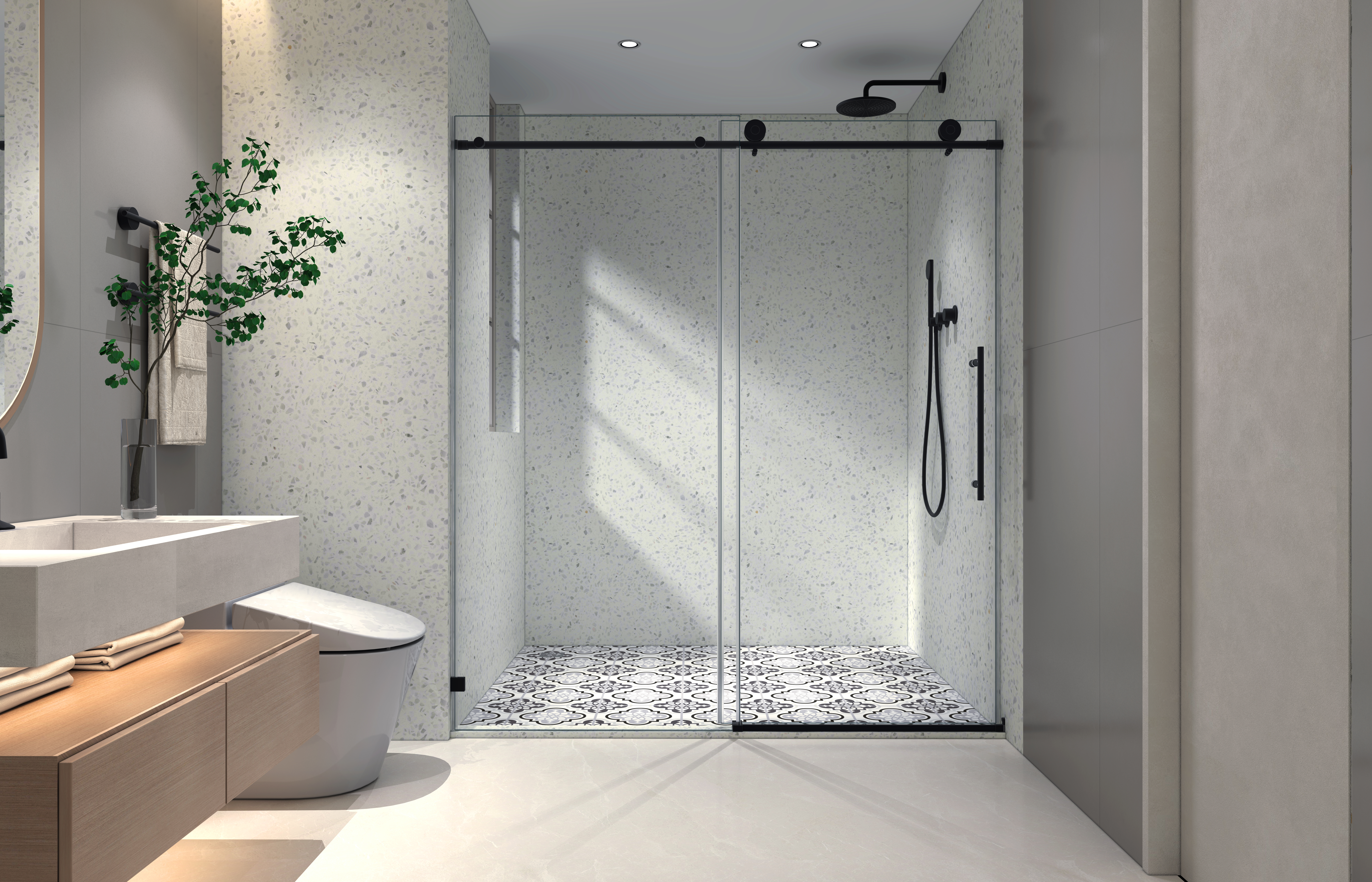 6076 Brushed Nickel frameless one fixed and one shifted Shower Door, 70MM 304 stainless steel large pulleys with adjustable soft closing function,nano easy cleaning,stick explosion-proof menbrance