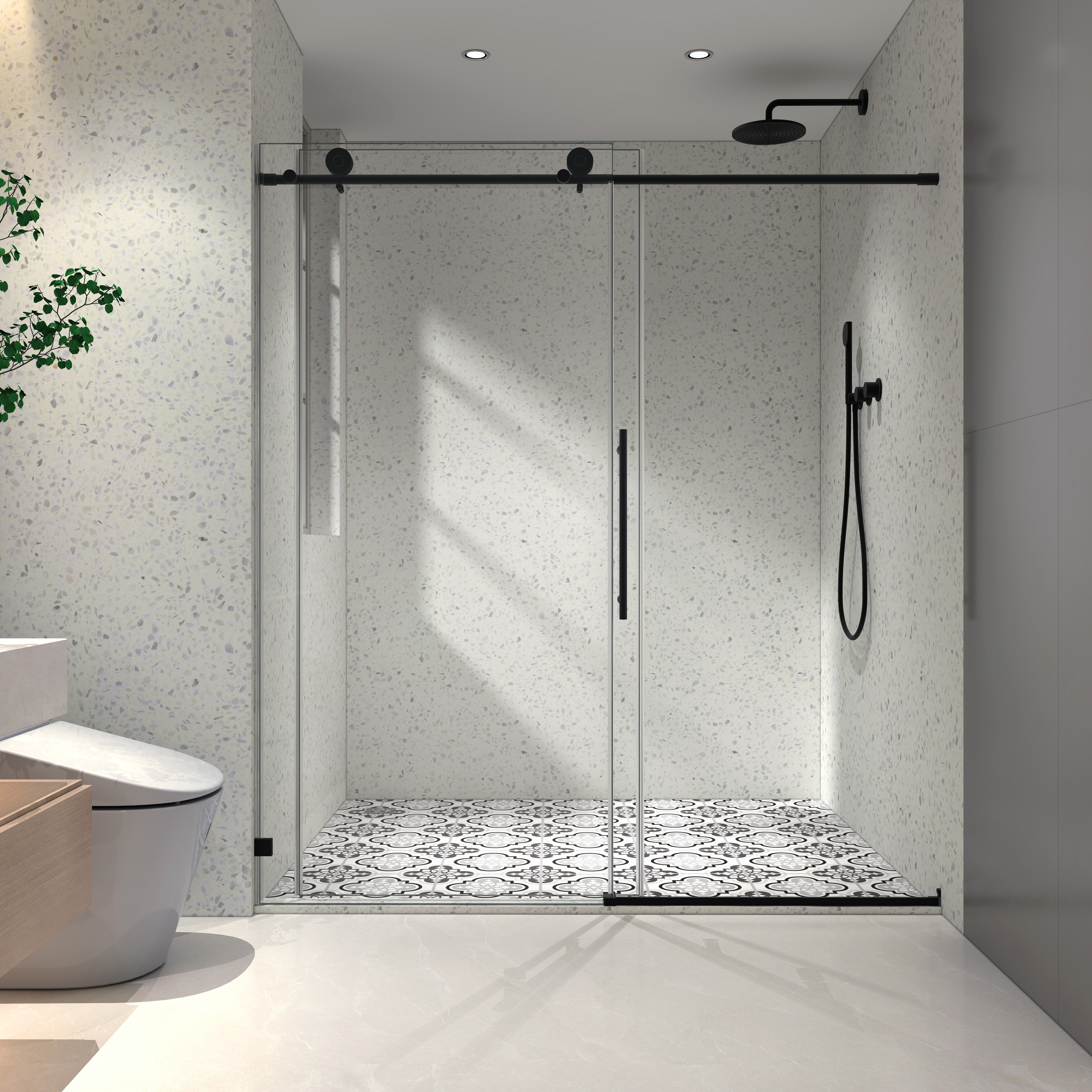 6076 Matte Black frameless one fixed and one shifted Shower Door, 70MM 304 stainless steel large pulleys with adjustable soft closing function,with nano easy cleaning,stick explosion-proof menbrance