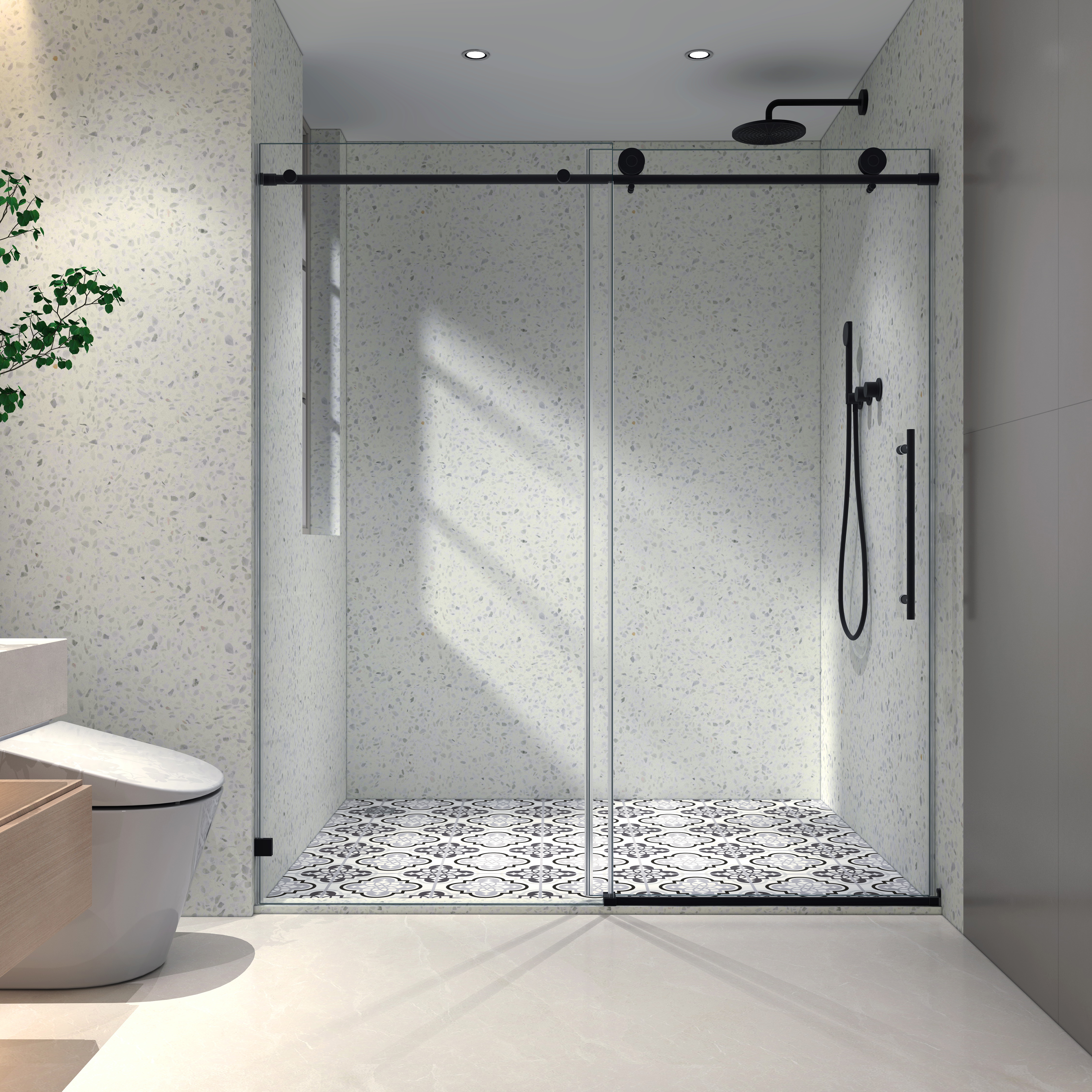 6076 Matte Black frameless one fixed and one shifted Shower Door, 70MM 304 stainless steel large pulleys with adjustable soft closing function,with nano easy cleaning,stick explosion-proof menbrance