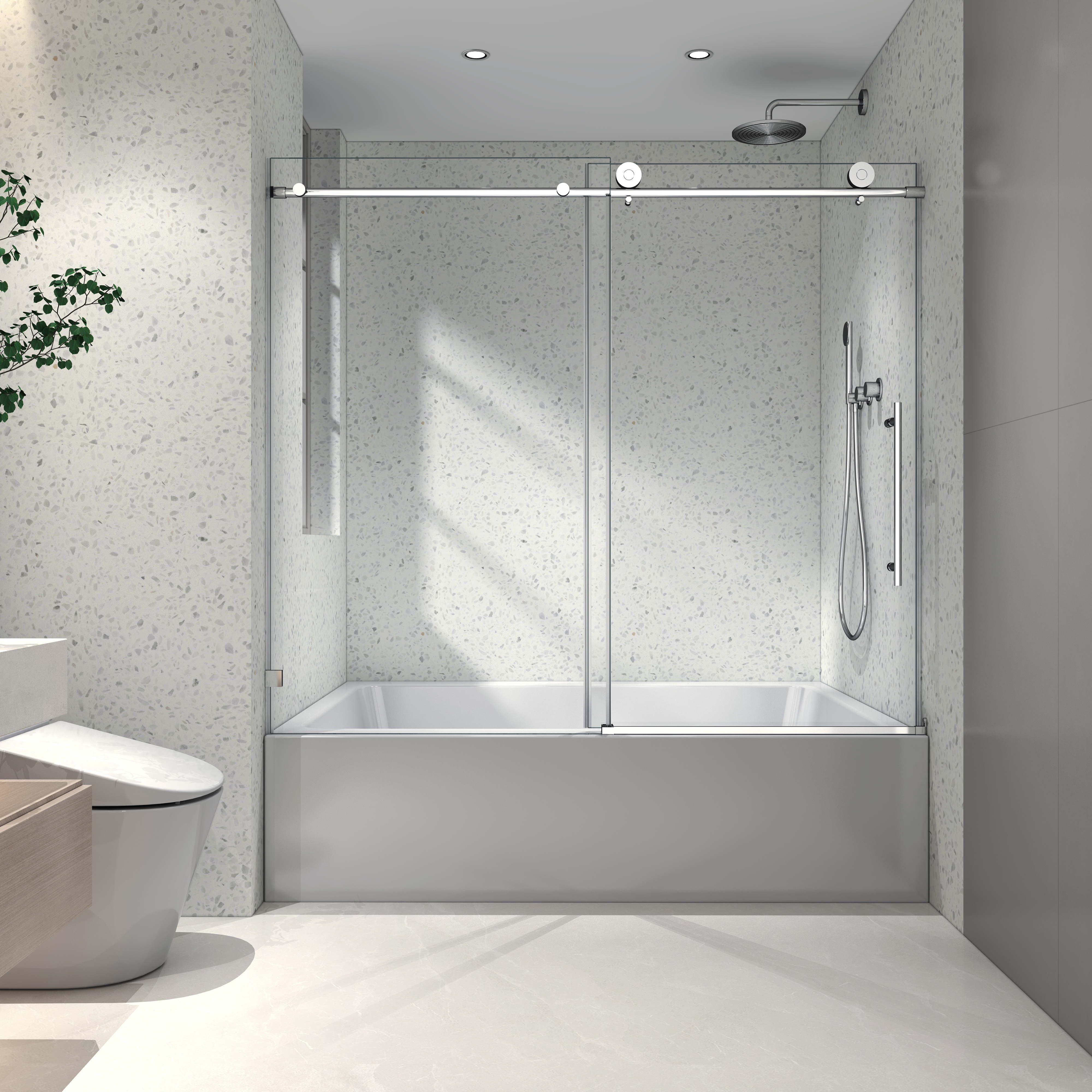 6063 Brushed Nickel frameless one fixed and one shifted Shower Door,70MM 304 stainless steel large pulleys with adjustable soft closing function,with nano easy cleaning,stick explosion-proof menbrance