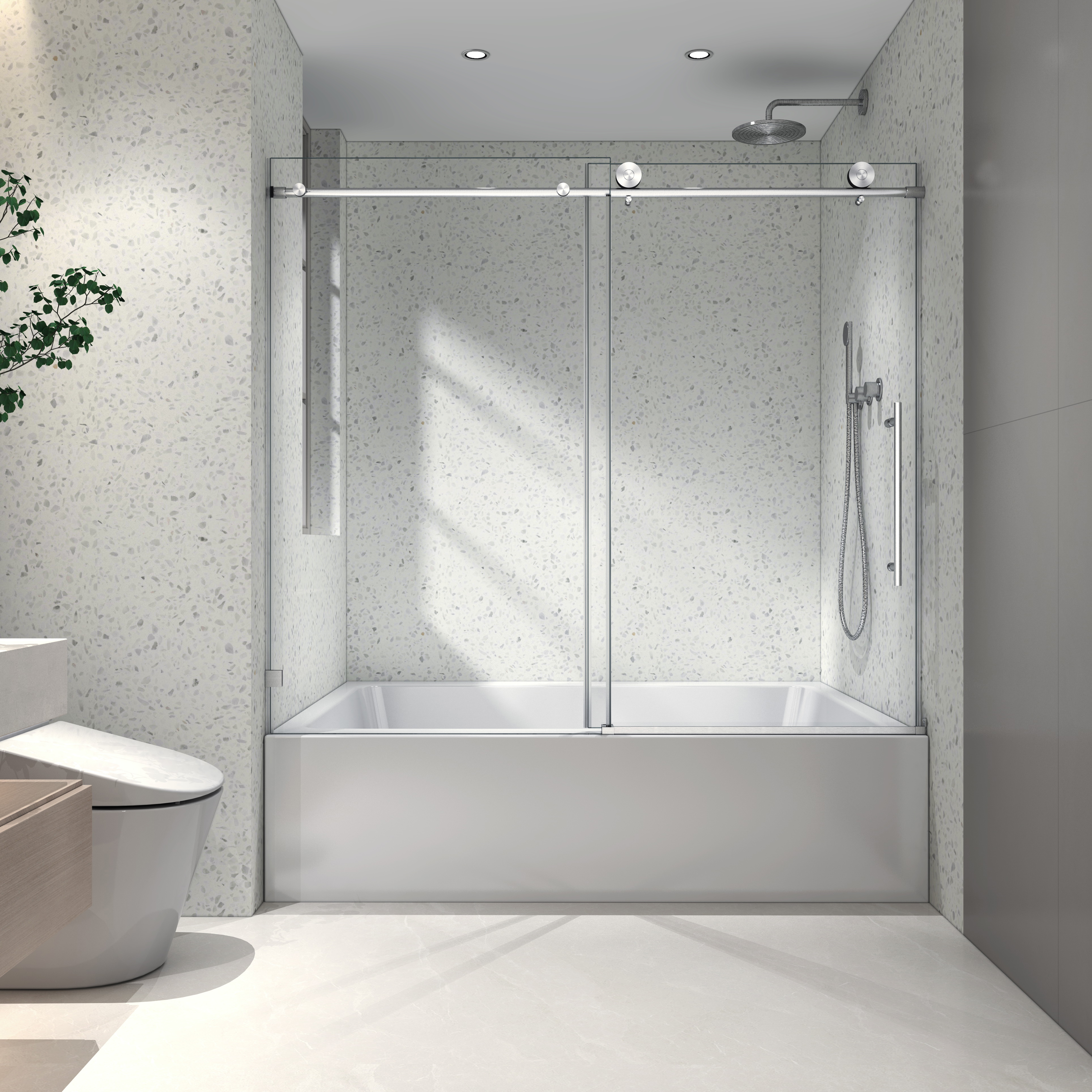 6063 Brushed Nickel frameless one fixed and one shifted Shower Door,70MM 304 stainless steel large pulleys with adjustable soft closing function,with nano easy cleaning,stick explosion-proof menbrance