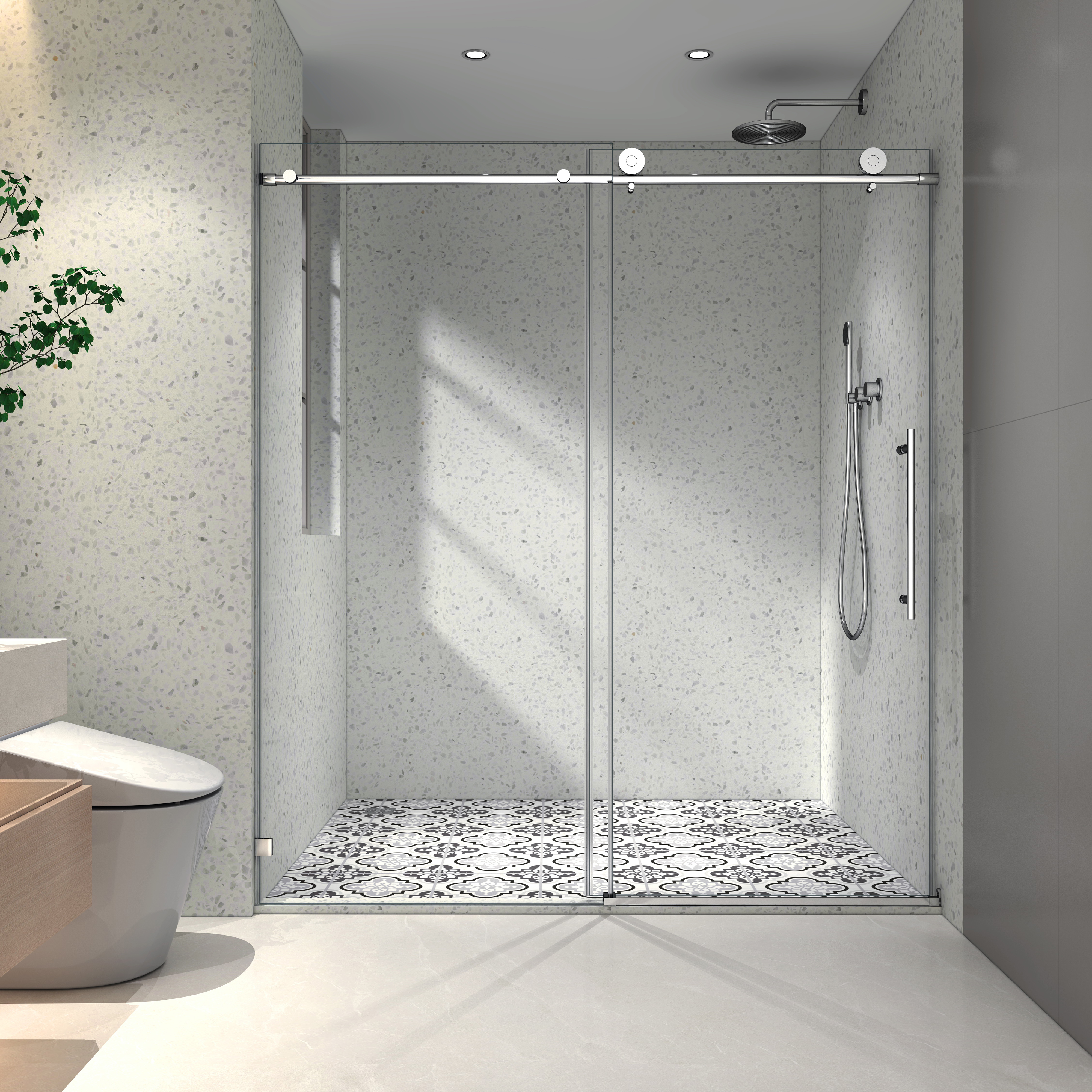 6076 Brushed Nickel frameless one fixed and one shifted Shower Door, 70MM 304 stainless steel large pulleys with adjustable soft closing function,nano easy cleaning,stick explosion-proof menbrance