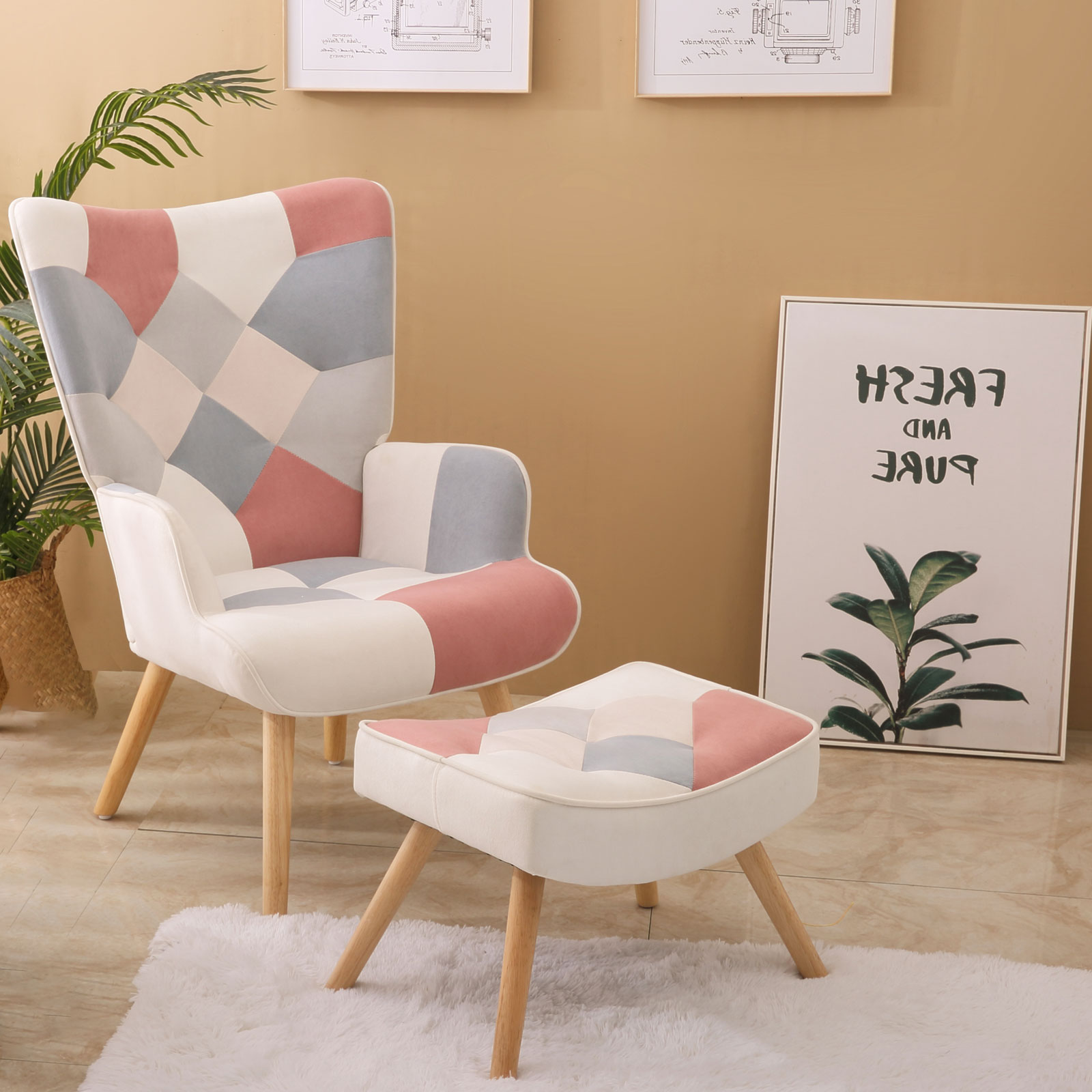 Accent Chair with Ottoman, Living Room Chair and Ottoman Set, Comfy Side Armchair for Bedroom, Creative Splicing Cloth Surface