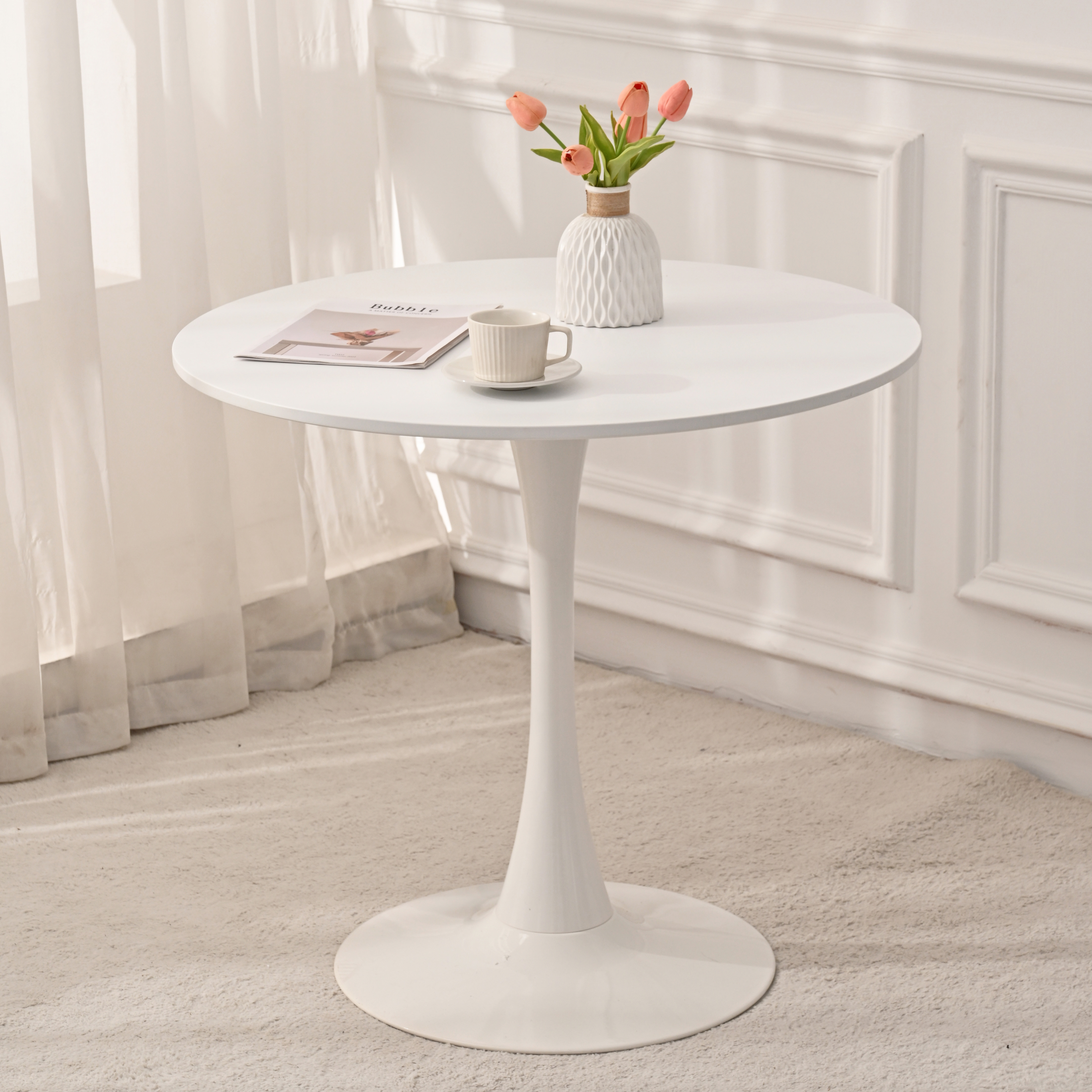 31.5" Round Dining Table, Mid-Century White Tulip Table, Metal Base Pedestal Table for 2-4 Person,Easy Assembled Leisure Coffee Table