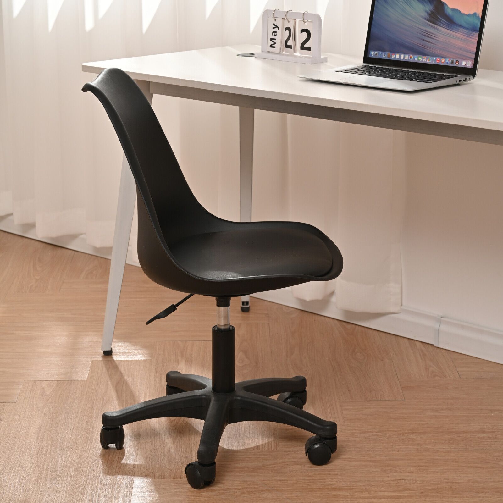 Black PP with Wheels Adjustable Height Office Chair for Study,Modern Armless Swivel Plastic Chair for Living Room