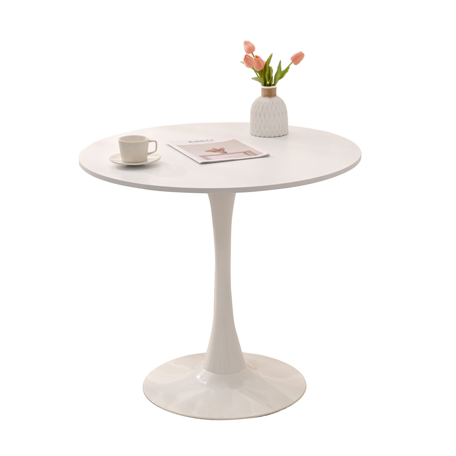 31.5" Round Dining Table, Mid-Century White Tulip Table, Metal Base Pedestal Table for 2-4 Person,Easy Assembled Leisure Coffee Table