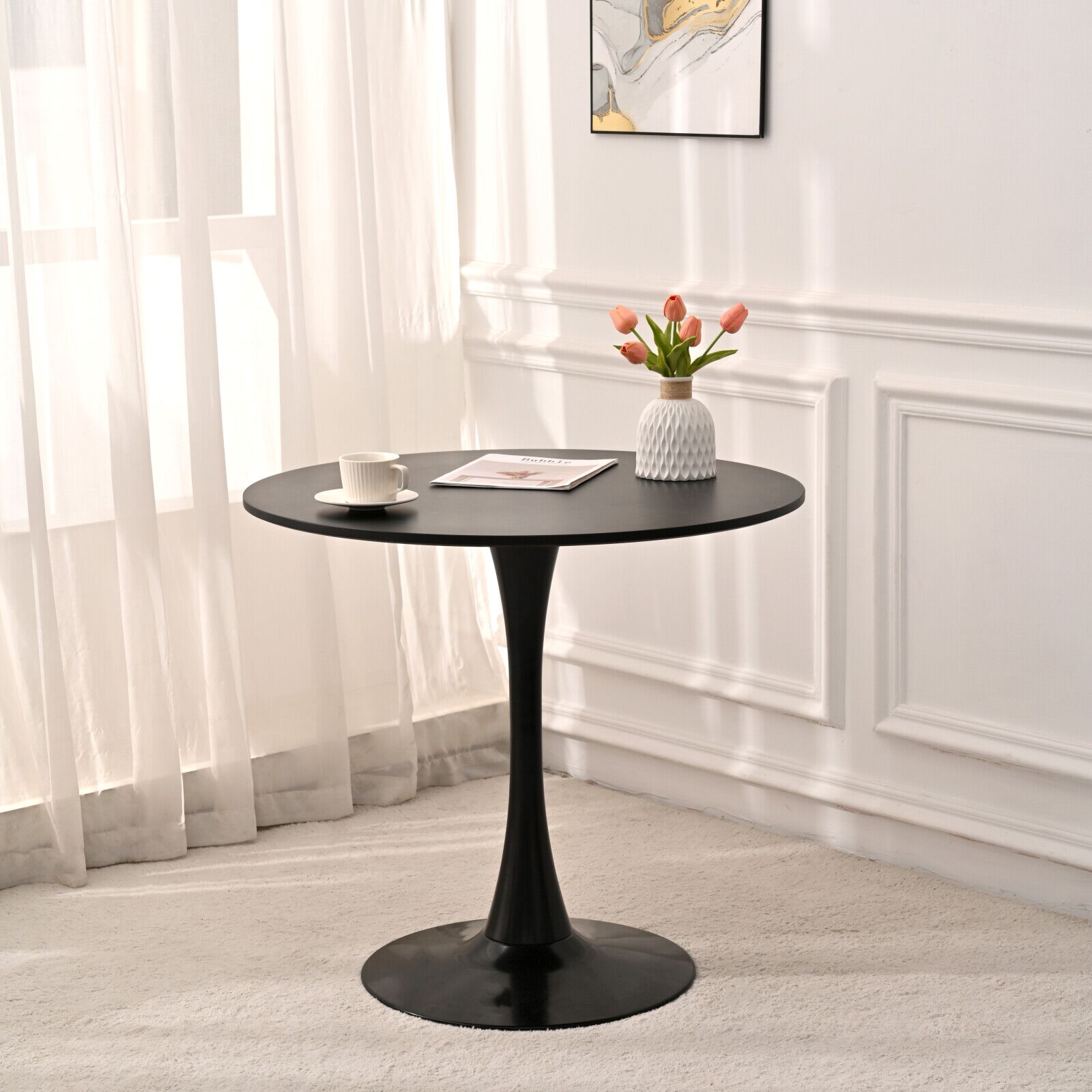 31.5" Round Dining Table, Mid-Century Black Tulip Table, Metal Base Pedestal Table for 2-4 Person,Easy Assembled Leisure Coffee Table