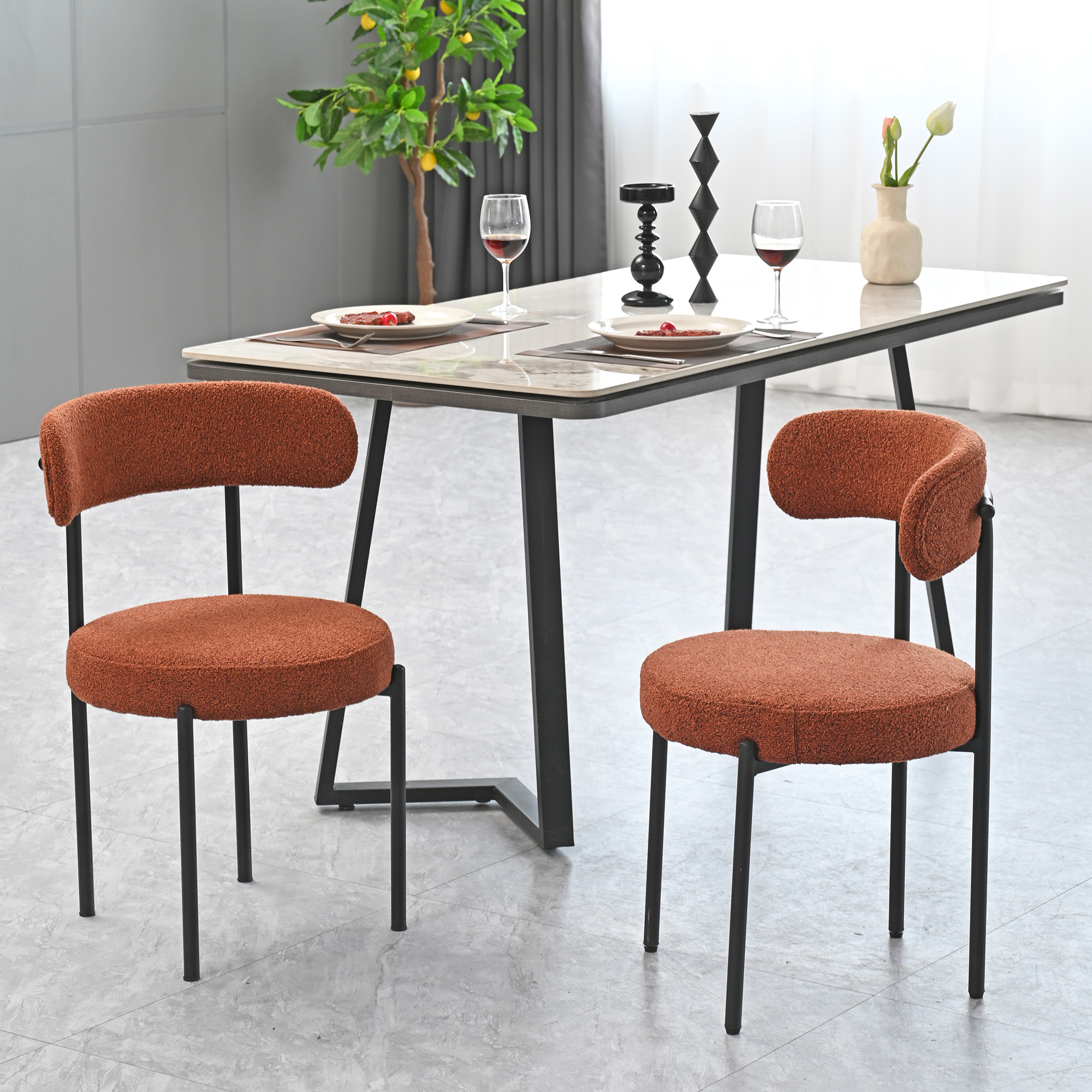 Brown Boucle Dining Chairs Set of 2,Mid-Century Modern Curved Backrest Chair,Round Upholstered Kitchen Chairs