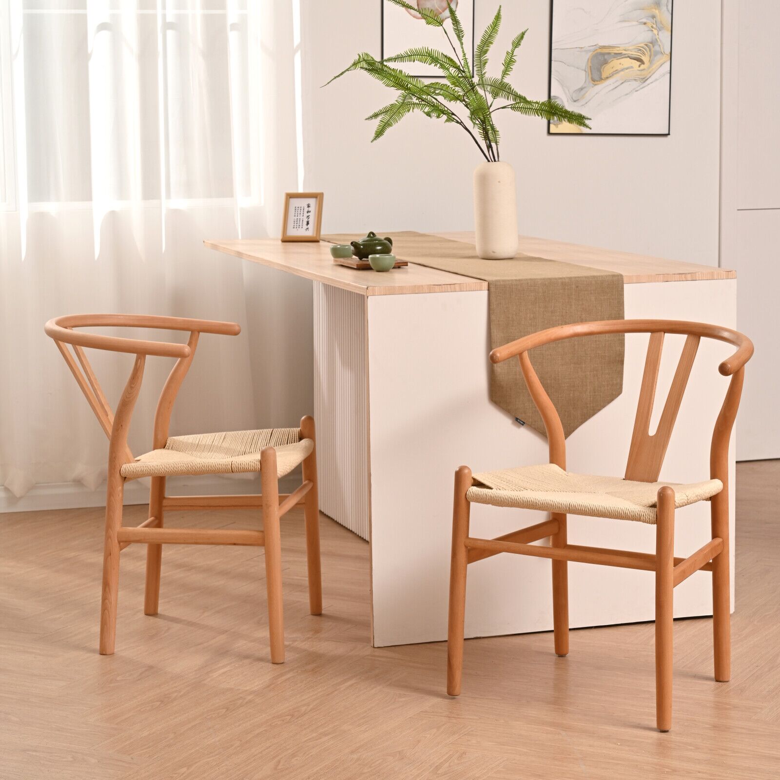 Natural Solid Wood Wishbone Design Backrest Chair with Canvas Seat for Dining Room and Kitchen