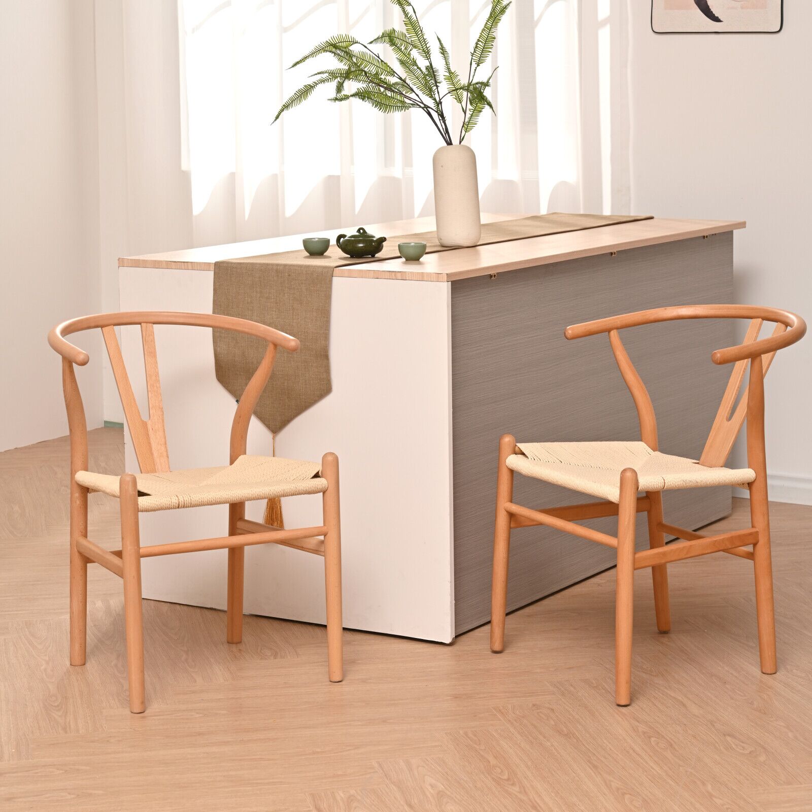 Natural Solid Wood Wishbone Design Backrest Chair with Canvas Seat for Dining Room and Kitchen