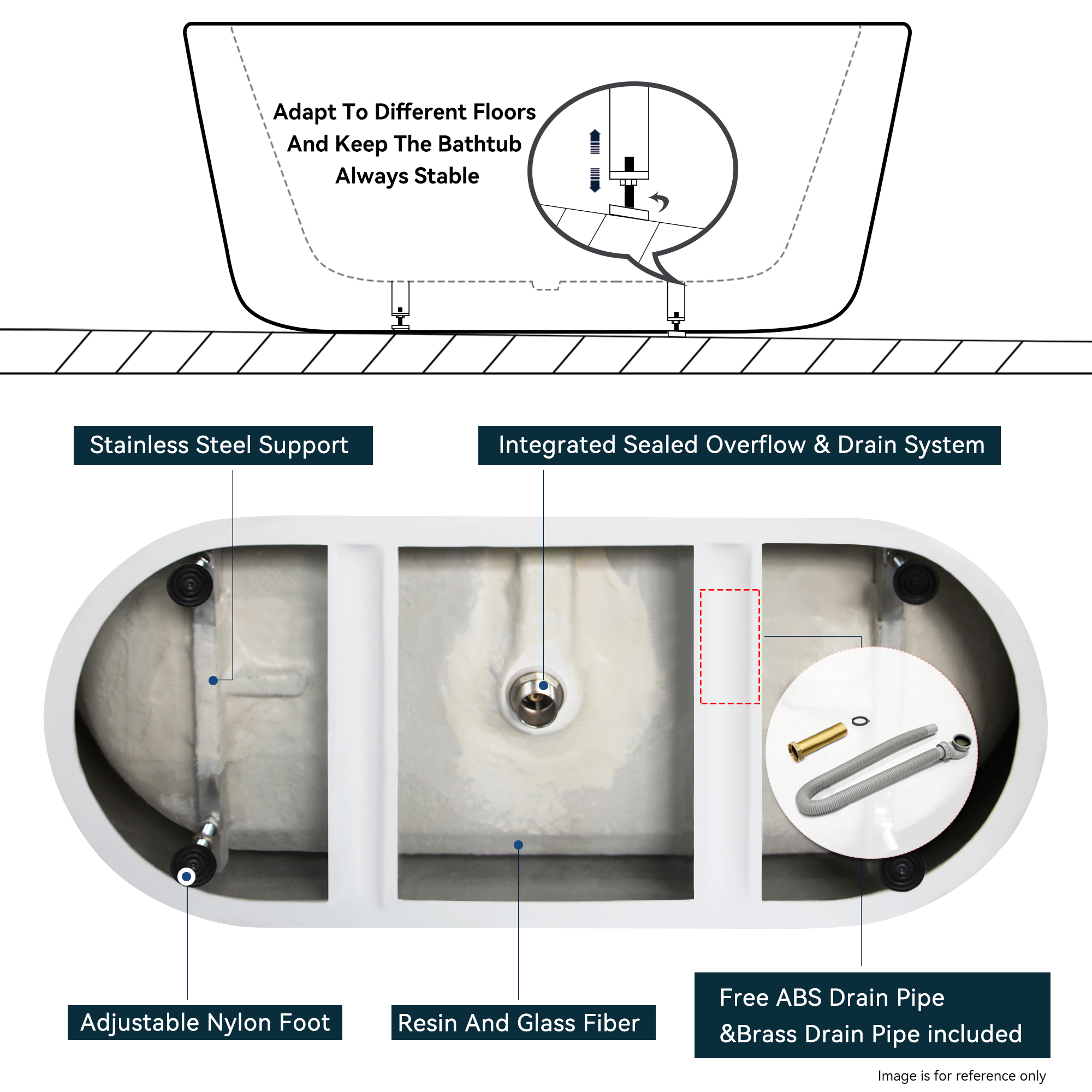 59'' Glossy Acrylic Freestanding Soaking Bathtub with Classic Slotted Overflow and Toe-tap Drain in Chrome, cUPC C ertified, 02138